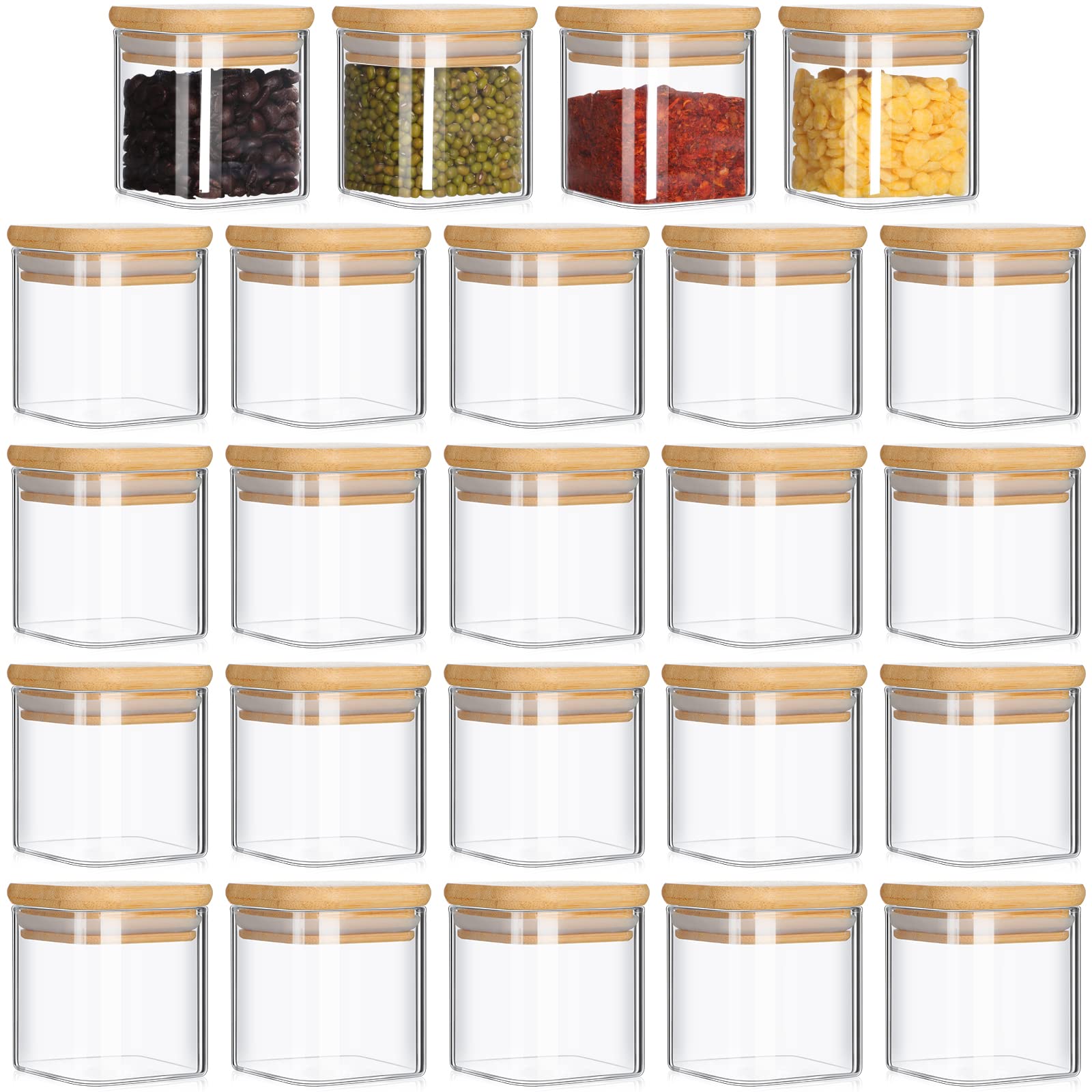 Nuenen Set of 24 Airtight Square Spice Containers 4 oz Glass Spice Jars with Bamboo Lid Small Seasoning Jars Empty Food Storage 