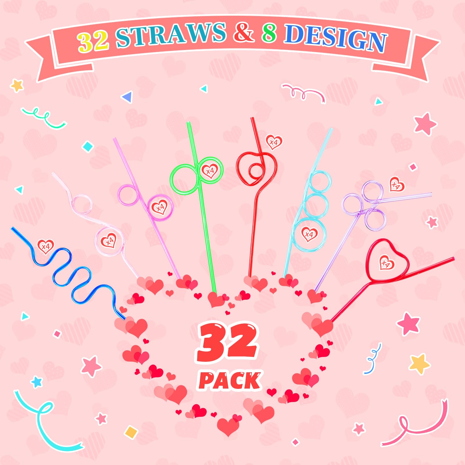 Valentines Day Cards With Straws, Set Of 32 Crazy Straw Valentines For Kids With Heart Bag, Valentine Exchange Card For Girls Bo