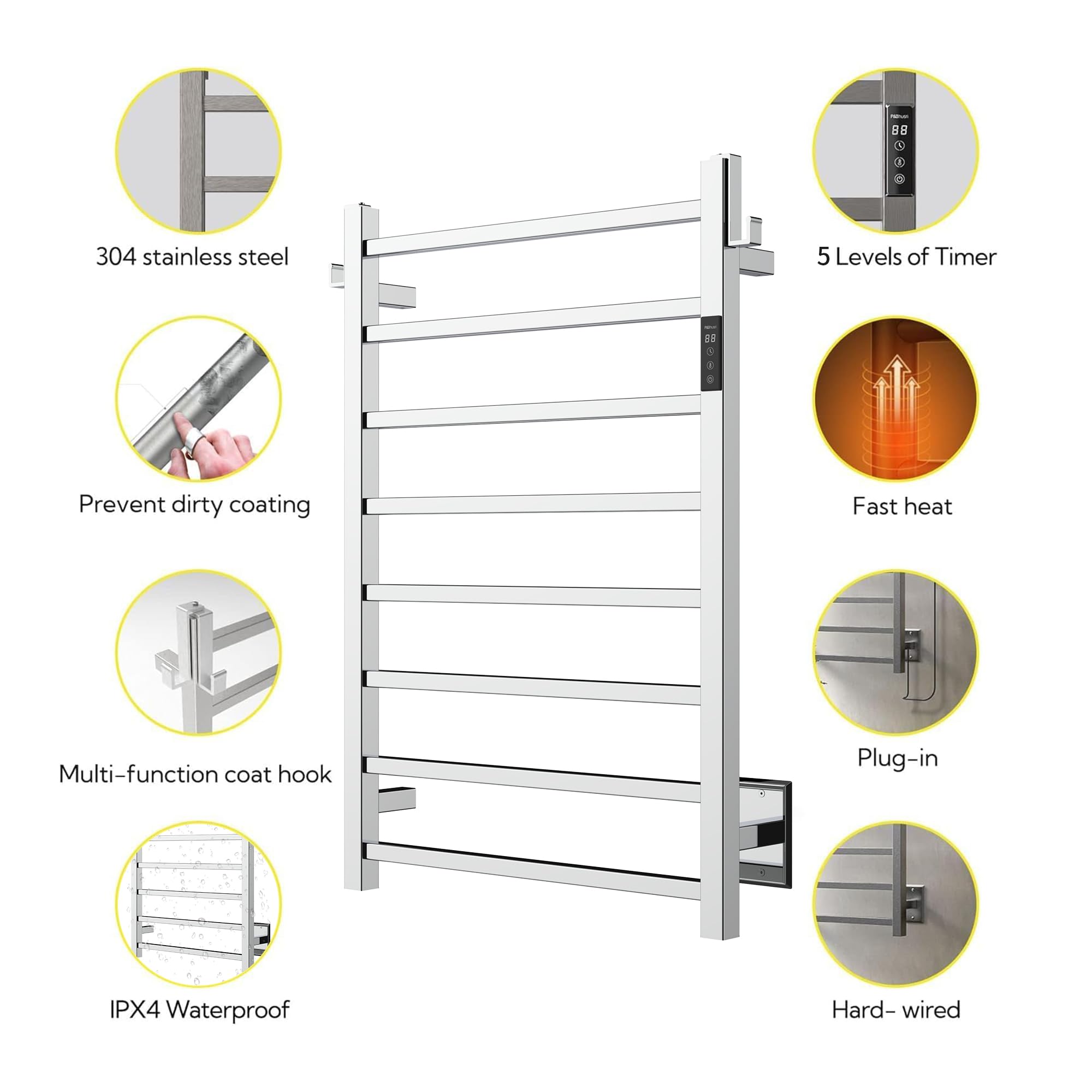P&Bhusri Heated Towel Rack, 8-Bar Towel Warmer Rack For Bathroom, Wall Mounted Electric Towel Rack With Timer And Led Indicator,