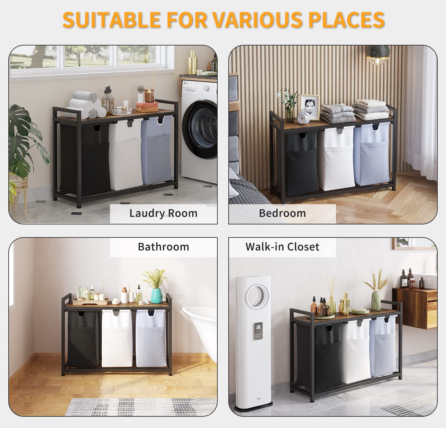 Livehom Laundry Basket Three Laundry Hamper With Removable Bags, Fabric Handles, Large Top Shelf And Laundry Bag For Bathroom, D