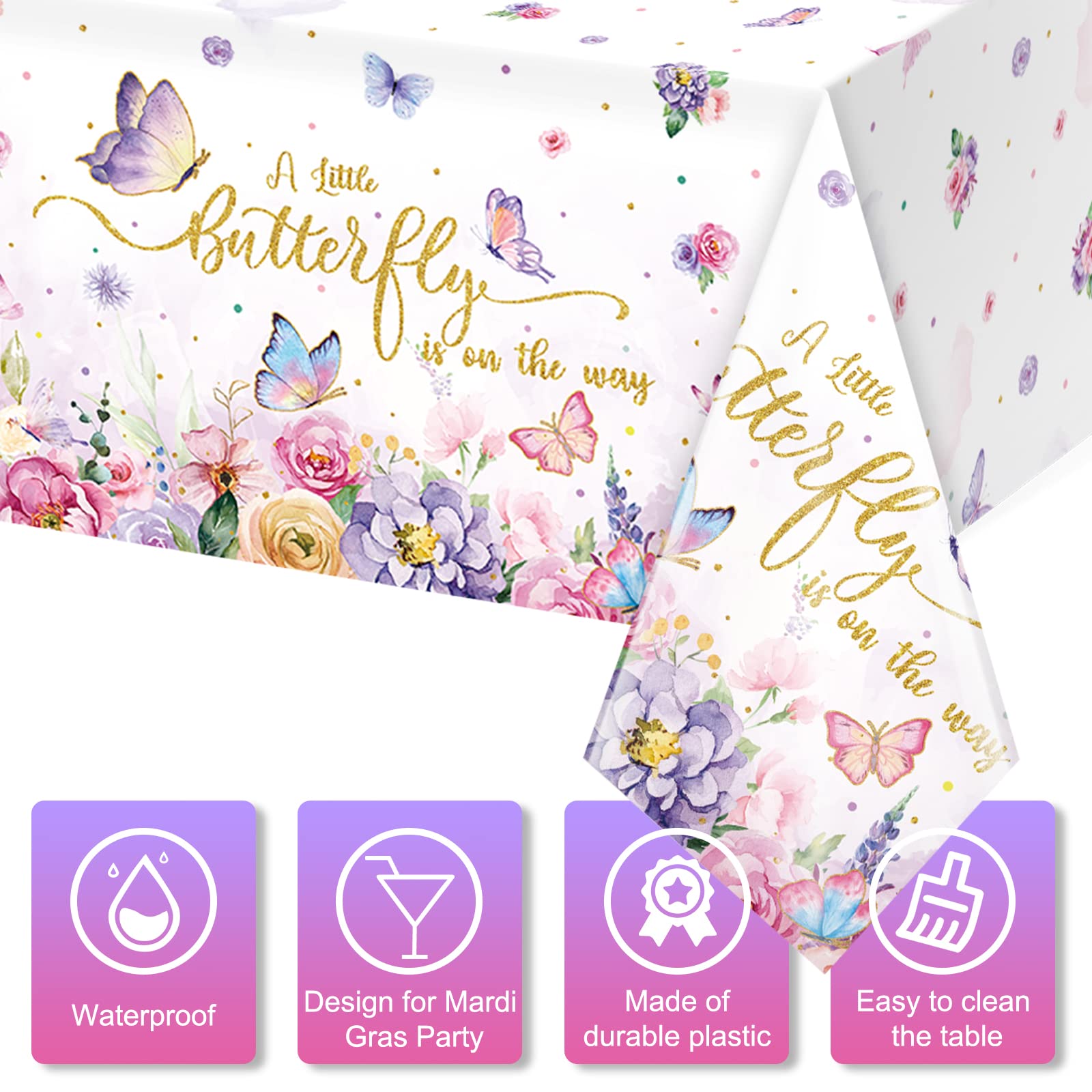 4 Pack Butterfly Baby Shower Tablecloth, Little Butterfly Is On The Way Baby Shower Decorations, Plastic Disposable Rectangle Wa