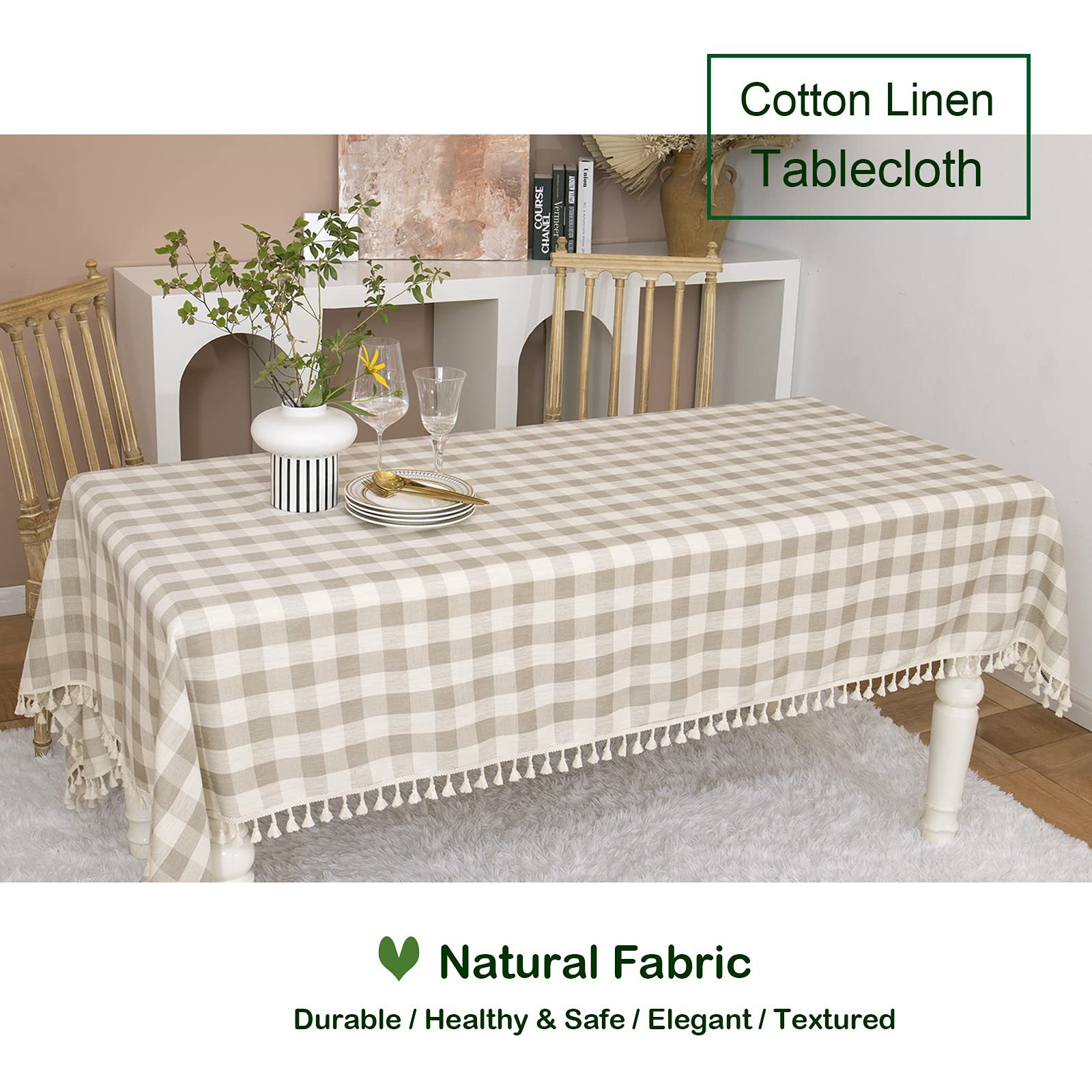 Midsummer Breeze Farmhouse Checkered Tablecloth-Cotton Linen Buffalo Plaid Tablecloth for Fall Winter Thanksgiving Christmas Kitchen Dining Restaurant Decor (Rectangle/Oblong  55x70  Gray Khaki)