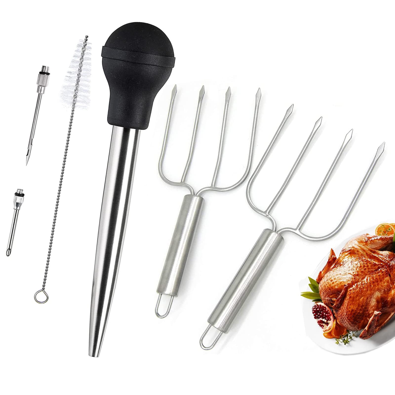 Kaycrown Turkey Baster And Turkey Roast Lifters, Rubber Turkey Baster With 2 Marinade Needles & Stainless Steel Turkey Poultry F