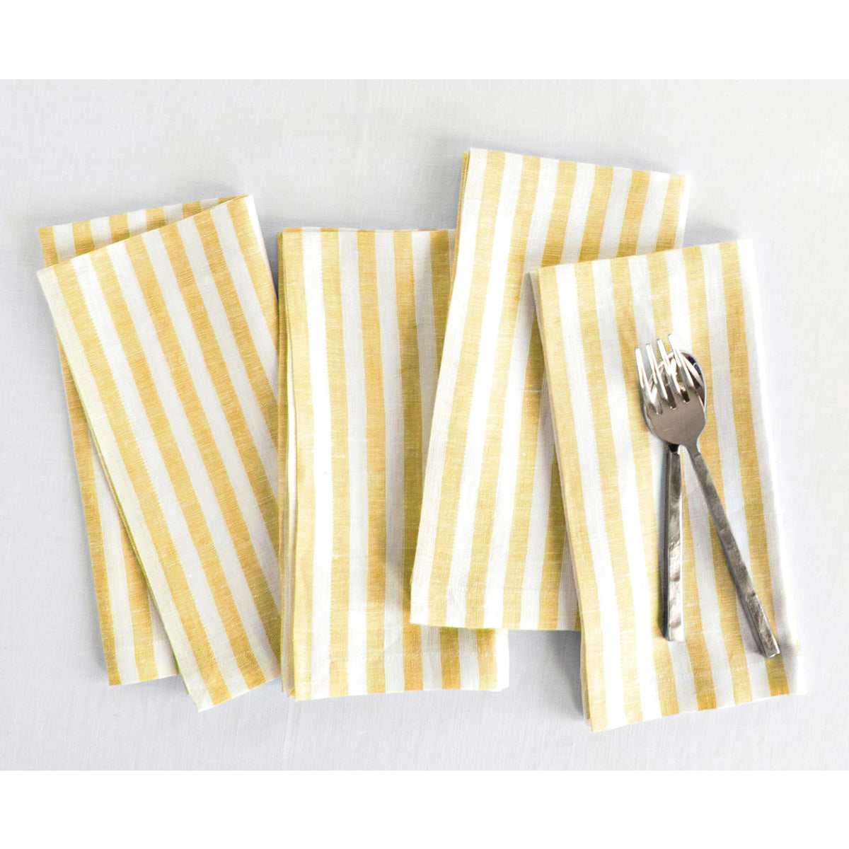 Solino Home Stripe Linen Napkins Set Of 4 - 100% Pure Linen Primrose Yellow And White Cloth Napkins 20 X 20 Inch - Farmhouse Was