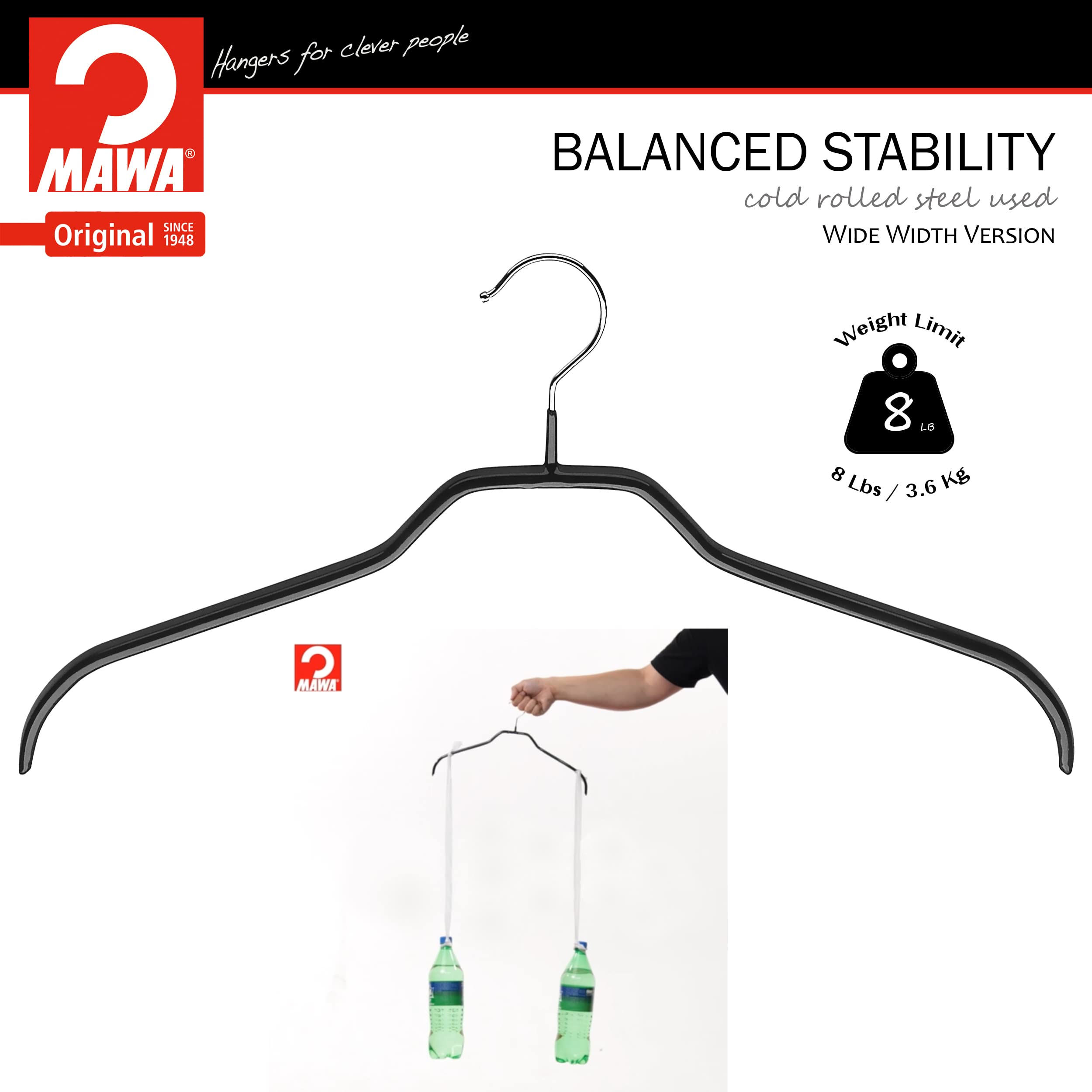 Mawa By Reston Lloyd Non Slip Space Saving Wide Width Clothing Hanger, Style 45/F, Set Of 10Pcs, Black
