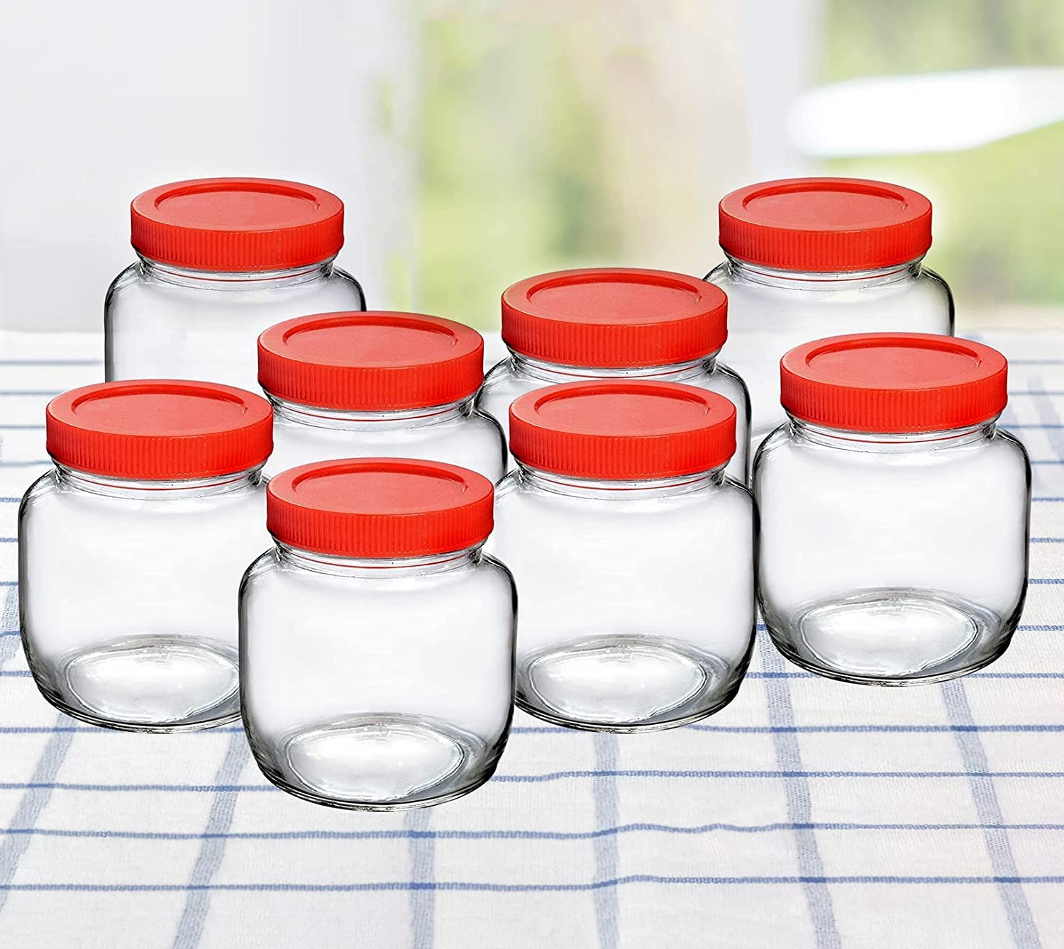 Feelopie Aahar Jar with Red Lid for Lentils, Food, Pickles, Spices, Sweets, Snacks, Rice, Kitchen Storage (250ml, Set Of 8)