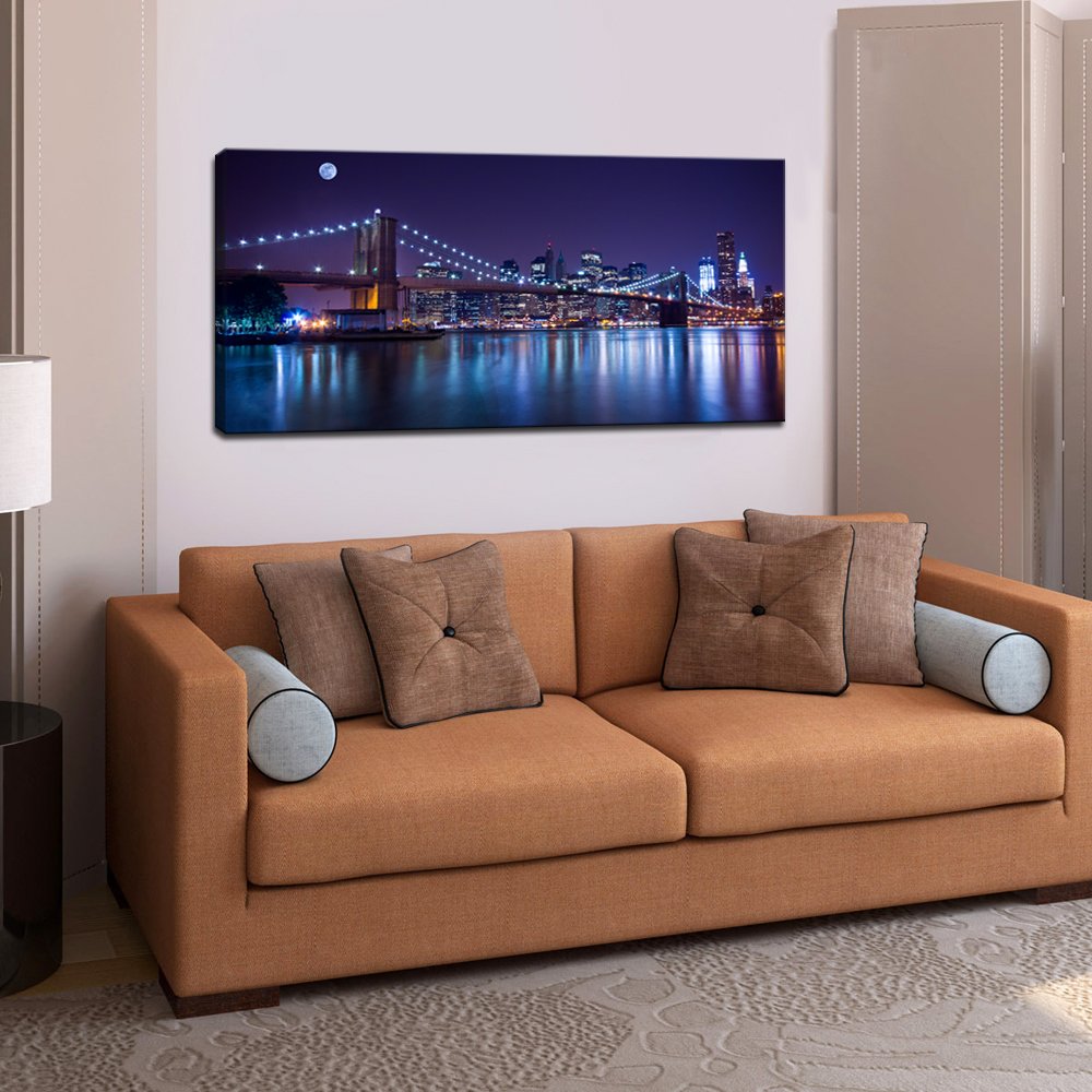Sechars - Brooklyn Bridge Canvas Wall Art Large Size 24''X48'' Modern New York City Canvas Print Manhattan Skyline With Full Moo