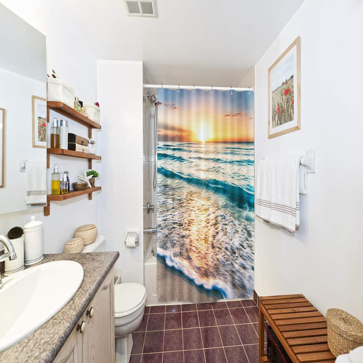 Riyidecor Stall Small Half Shower Curtain Beach Summer 36x72 Inch RV Mini Single Narrow Ocean Coastal Hawaiian Sunrise Sea Wave Seaside Scene Island Blue Cool Set Waterproof 7 Pack Hooks