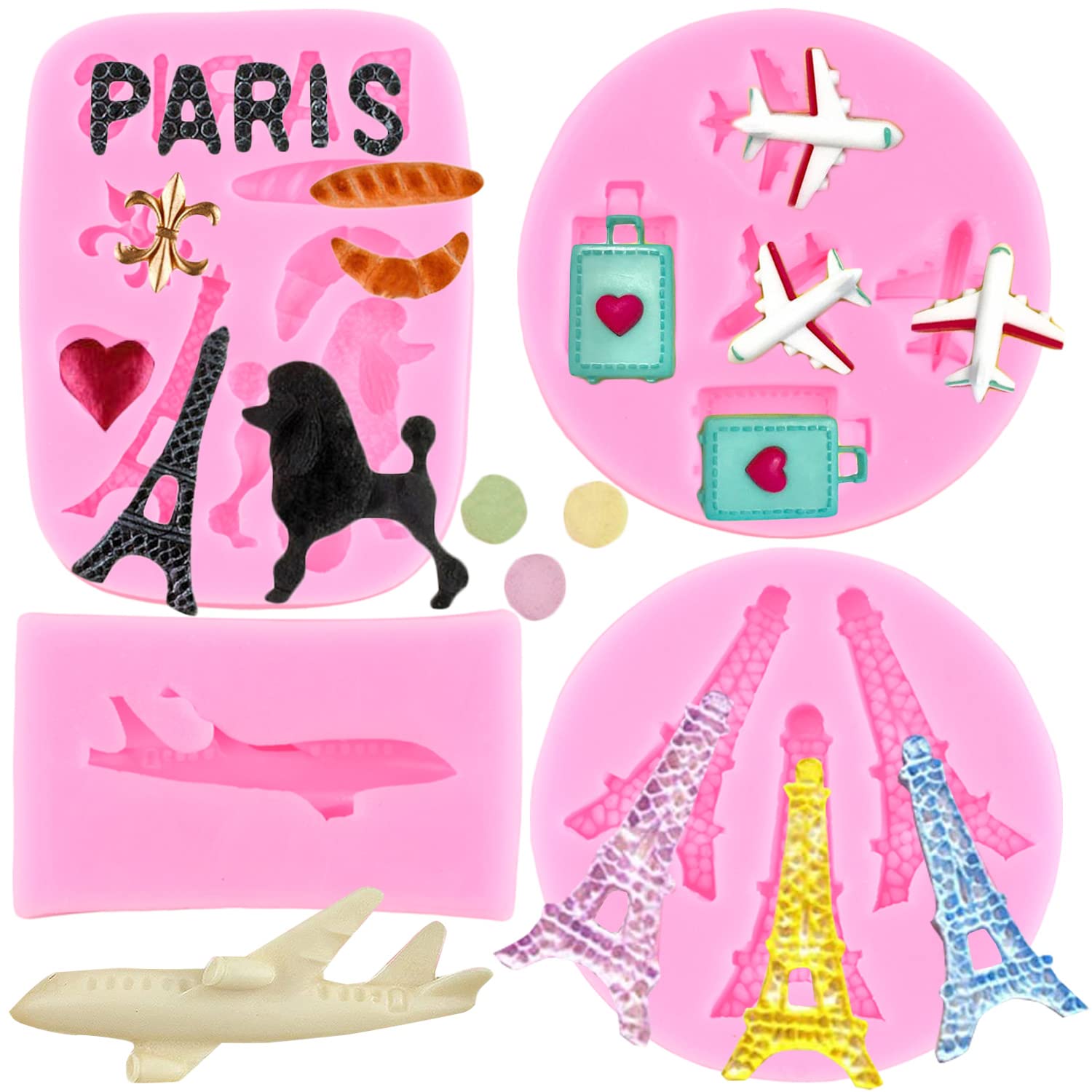 Miyahouse I Love Paris Fondant Molds Airplane Silicone Mold Eiffel Tower Poodle Mold For Travel Theme Cake Decoration Cupcake To