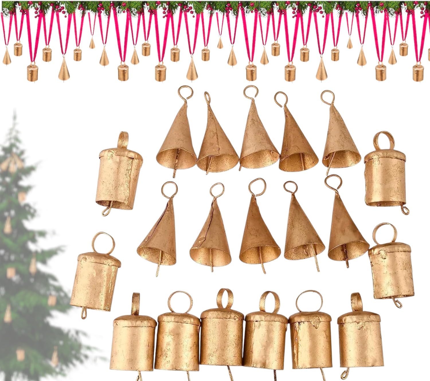Set of 20 Christmas Bells for Decoration - Small Jingle Bells, Witch Bells, and Indian Tin Bells for Rustic Chimes and Christmas