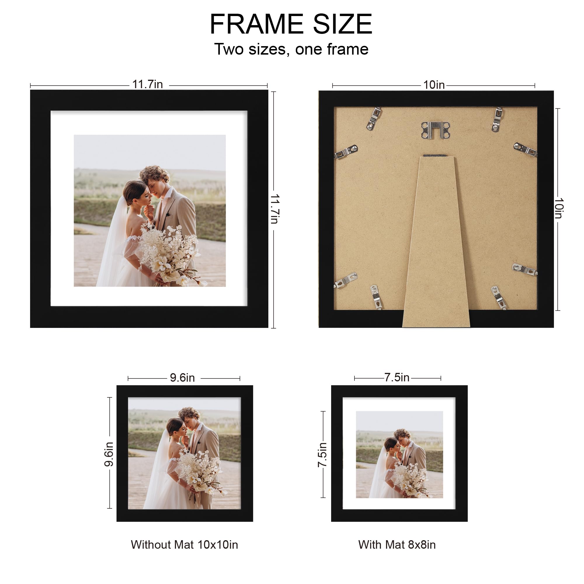 Hongkee 10x10 Picture Frame Set of 4, Made of Real Glass and Black Wooden Frame - Display Picture 8x8 with Mat or 10 x 10 Withou