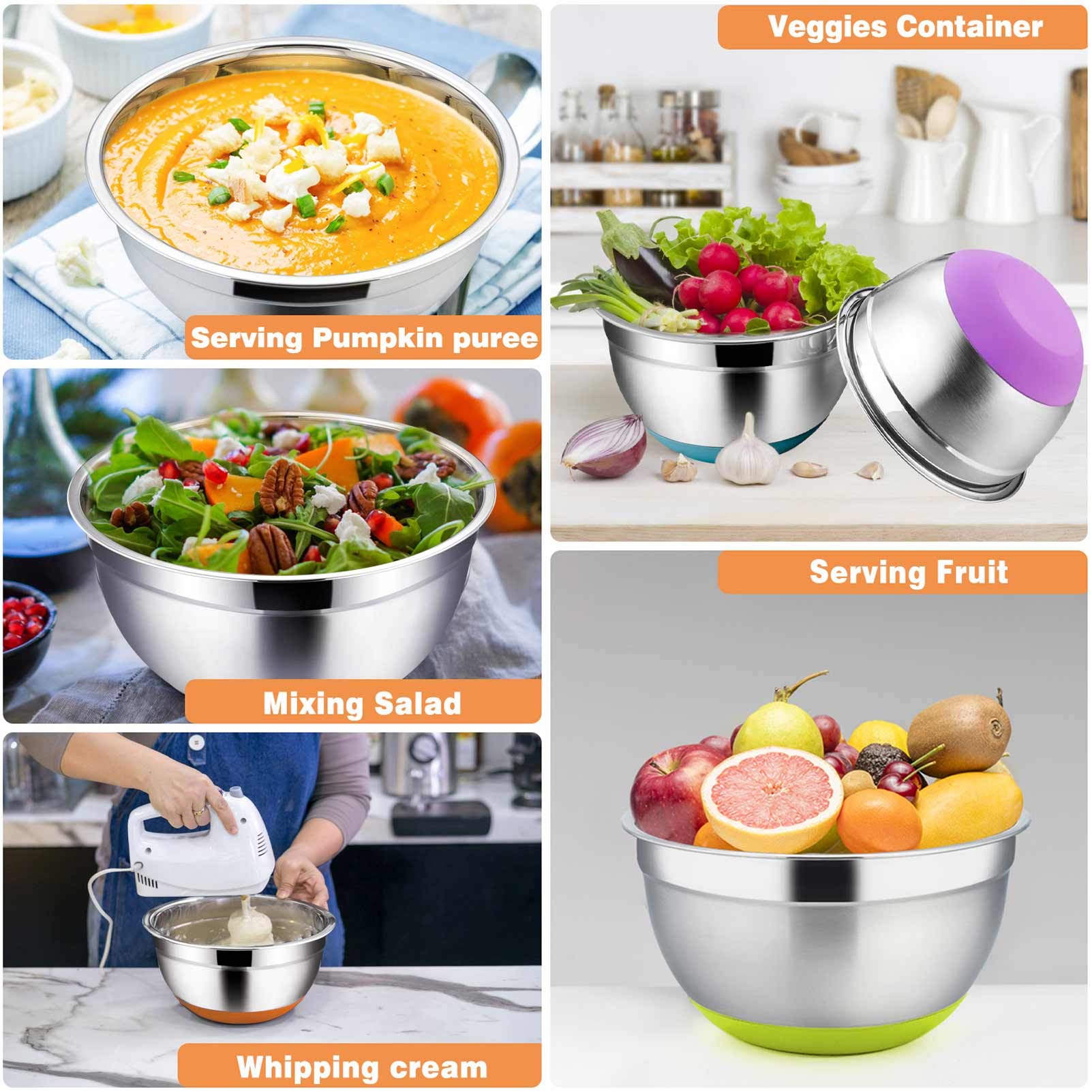 Teamfar Mixing Bowls With Lids Set, 1/1.5/2.5/3.5/7 Qt, Stainless Steel Large Metal Nesting Salad Bowl Set Of 5, Healthy & Sturd