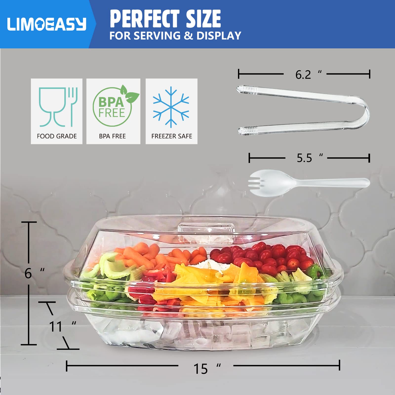 Limoeasy Chilled Veggie Tray, 15 Inch Clear Party Platter With 4 Compartments, Ice Serving Bowl With Lid, Cold Food Buffet Serve