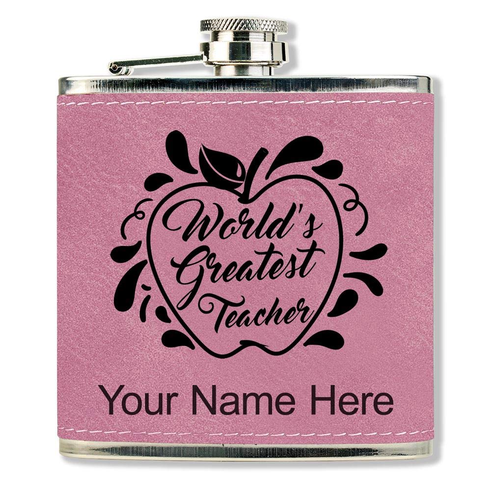 Faux Leather Flask, Worlds Greatest Teacher, Personalized Engraving Included (Pink)