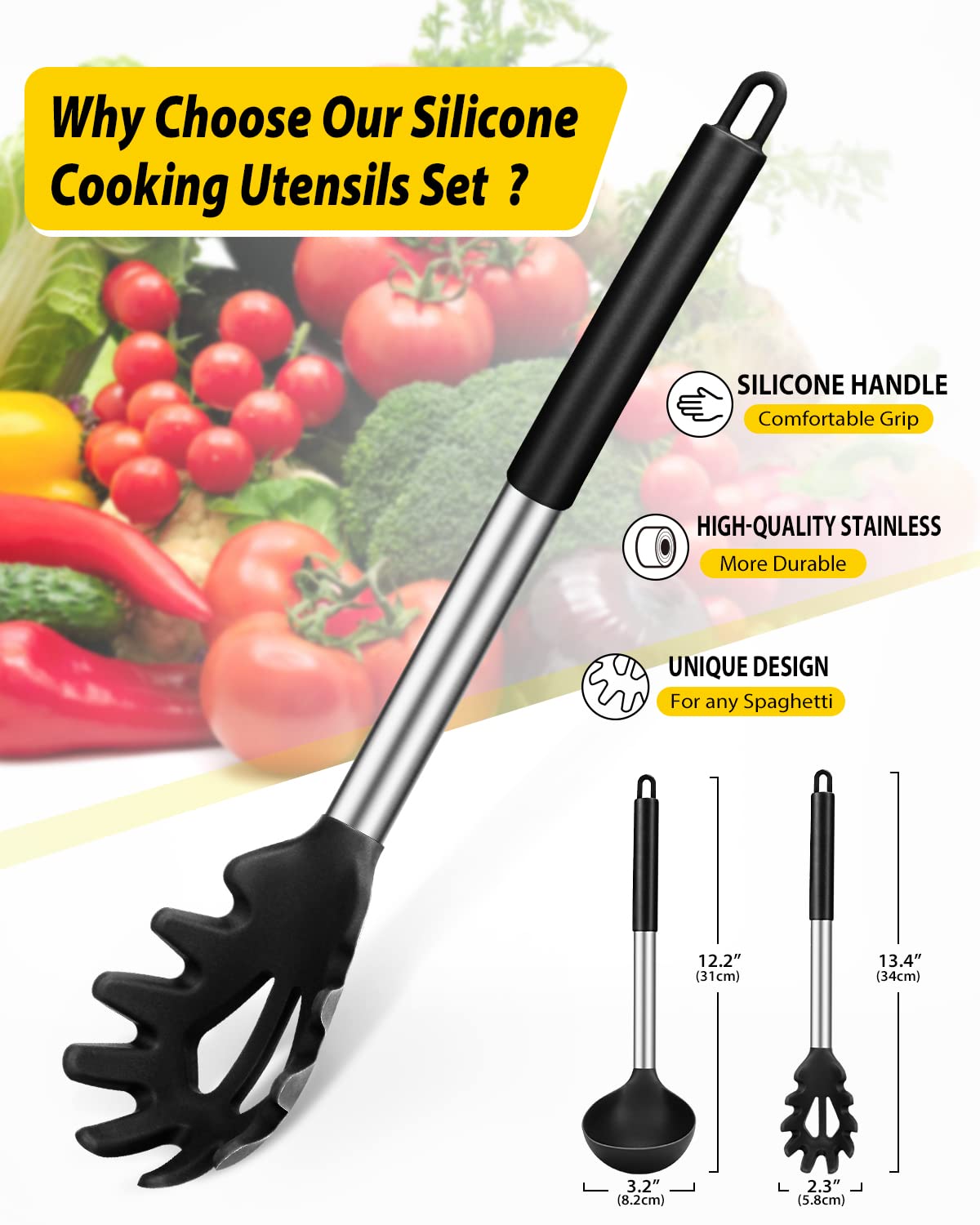 Silicone Pasta Fork And Ladle Spoon Set, Large Non Stick Kitchen Utensils For Cooking,Stirring,Serving Spaghetti, Soup, Sauce (B