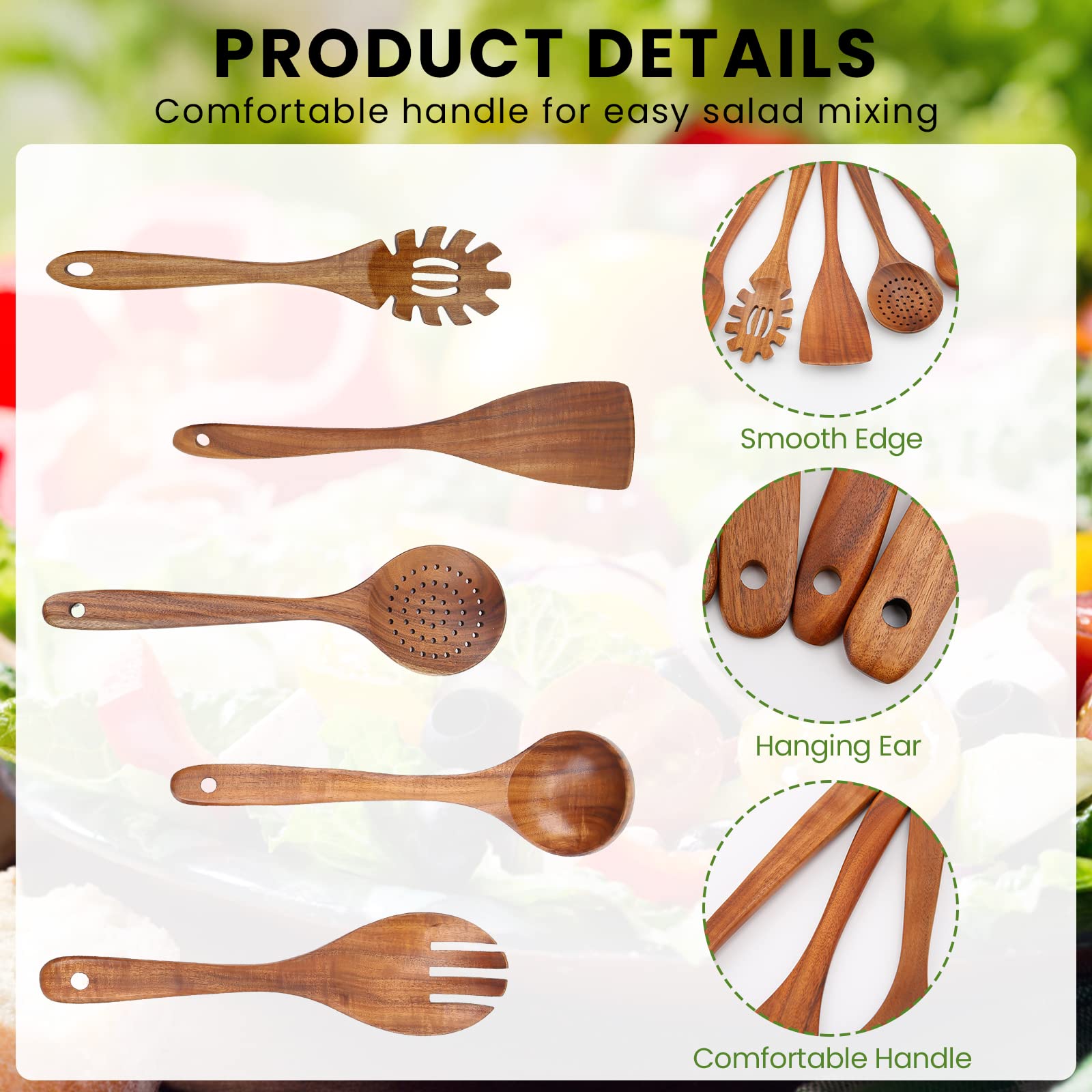 Wooden Kitchen Utensil Set For Non-Stick Cookware, Wooden Spoons For Cooking, Long Handle Wooden Spatulas For Cooking, 5 Pcs Dur