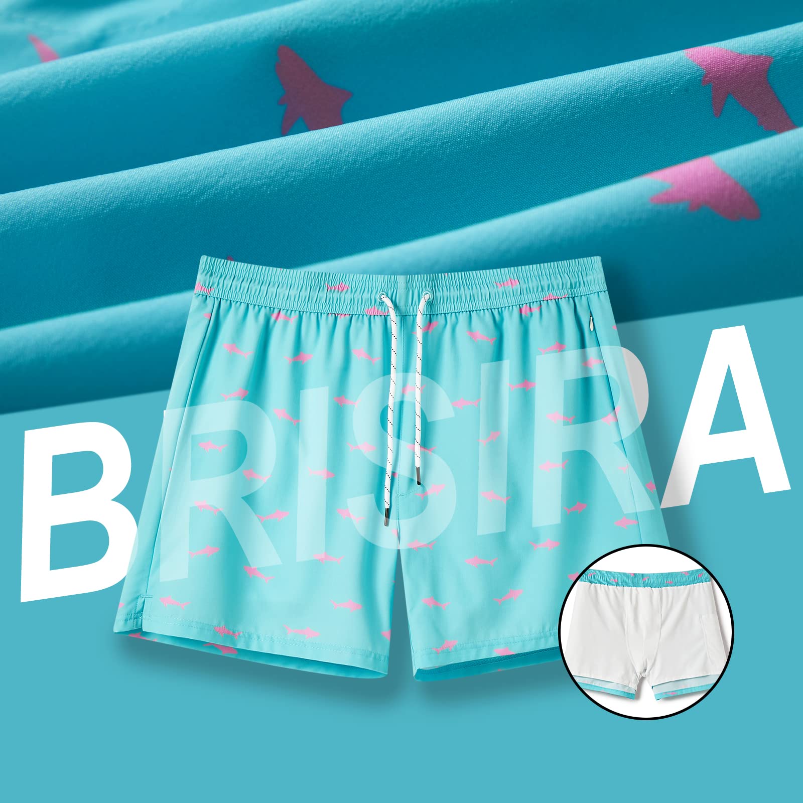 BRISIRA Swim Trunks Men Quick Dry Swim Shorts 5 inch Inseam Stretch Water Beach Shorts with compression Liner Zipper Pocket