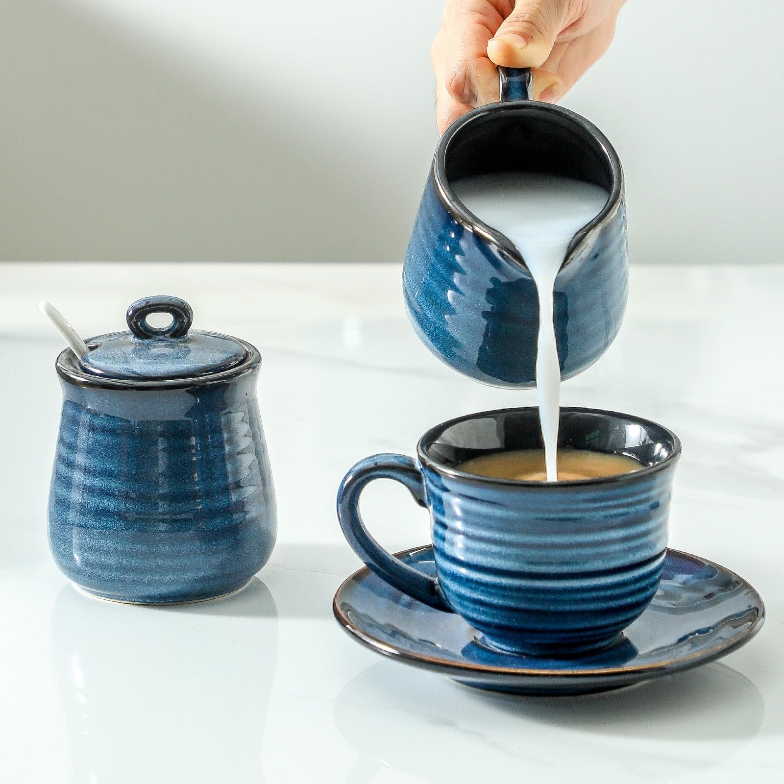 Glowworm Porcelain Sugar And Creamer Set, 11 Ounce Sugar Bowl,10 Ounce Cream Pitcher, Sugar Set With Lid & Spoon, Coffee Serving