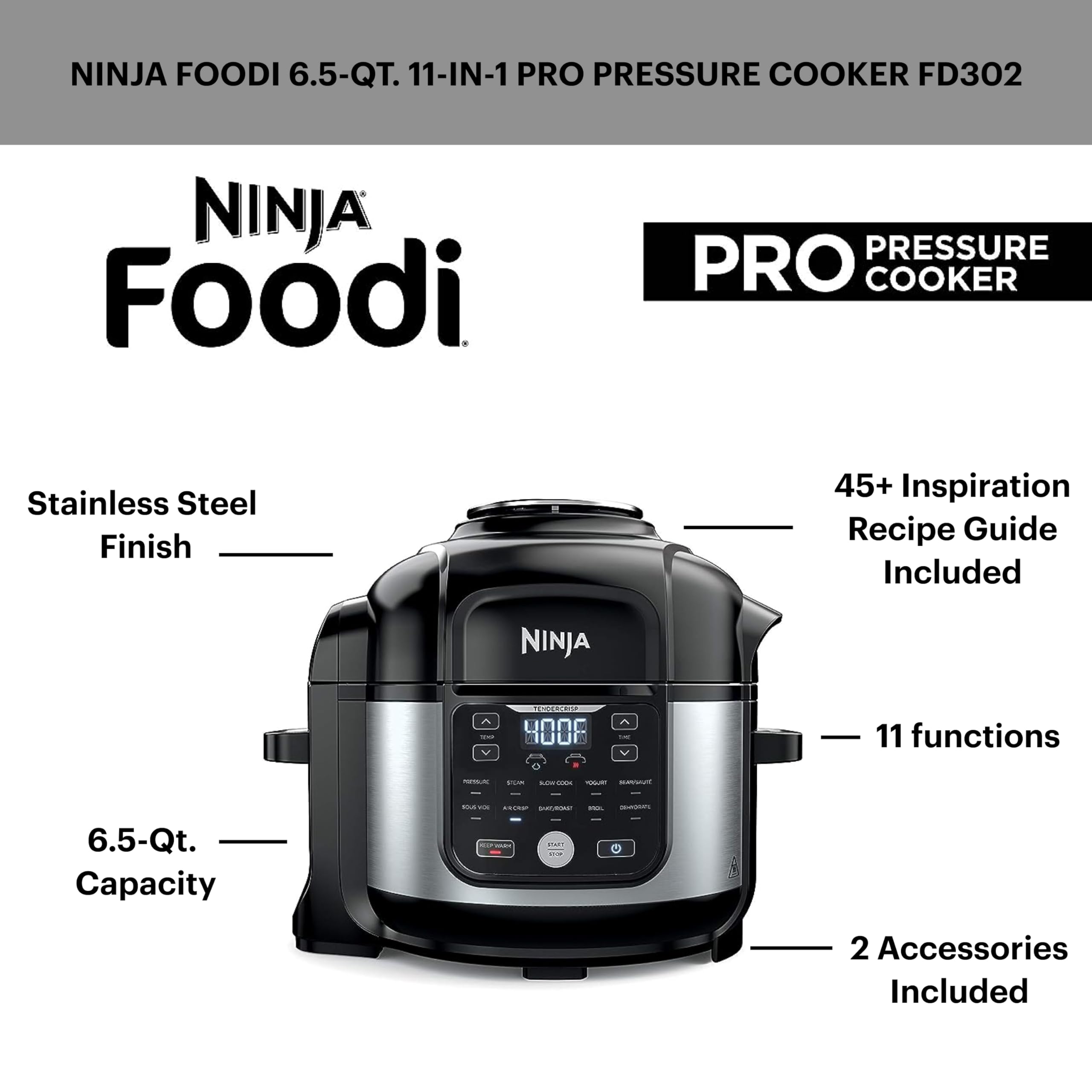 Ninja Foodi 11-in-1 Air Fryer Pressure Cooker FD302, 6.5 qt, Stainless Steel, Black/Silver, Includes Crisper Plate & Recipe Book