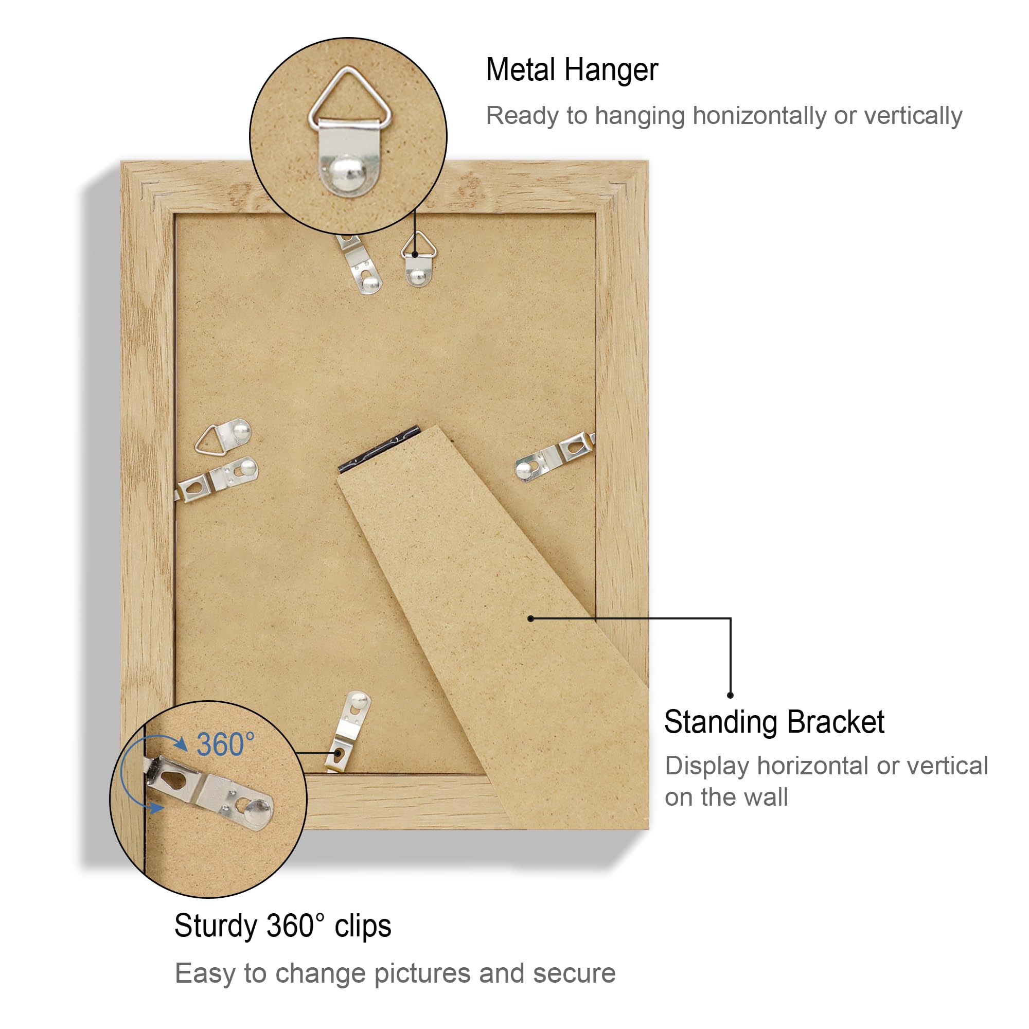 Hongkee 6x8 Picture Frame Set of 4, Made of Real Glass and Natural Oak Frame - Display Picture 4x6 with Mat or 6x8 Without Mat,