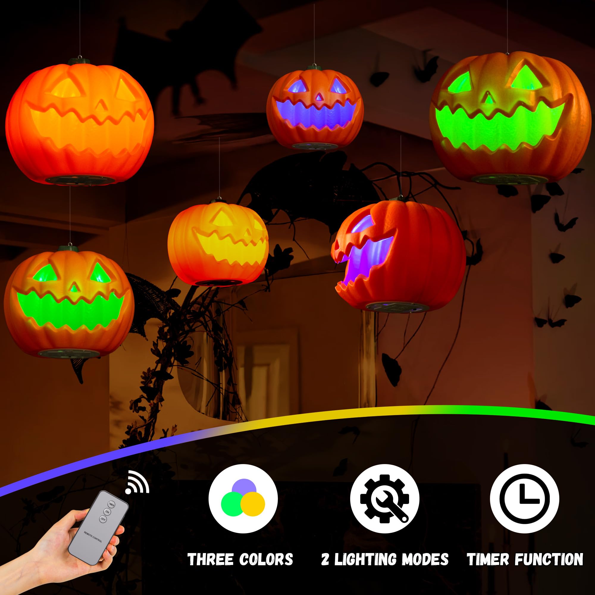 Halloween Decorations Floating Pumpkin Lights, Led Flameless Hanging Pumpkin Head Lantern with Timer, 3 Color Light, 2 Lighting