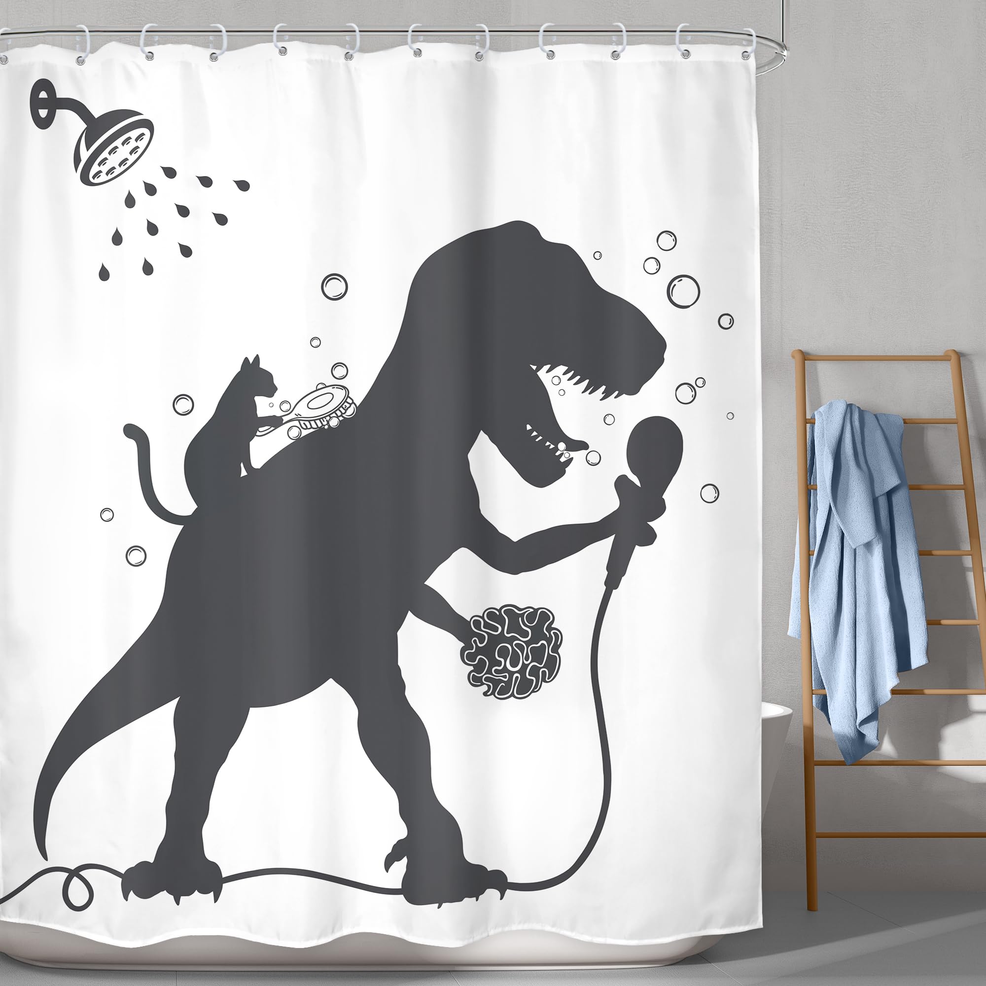 Lghtyro Kids Funny Dinosaur Shower Curtain Bathroom Set 60Wx71H Inches Boys Dino Cat Trex Raptor Animal Shadow Silhouette Bath C