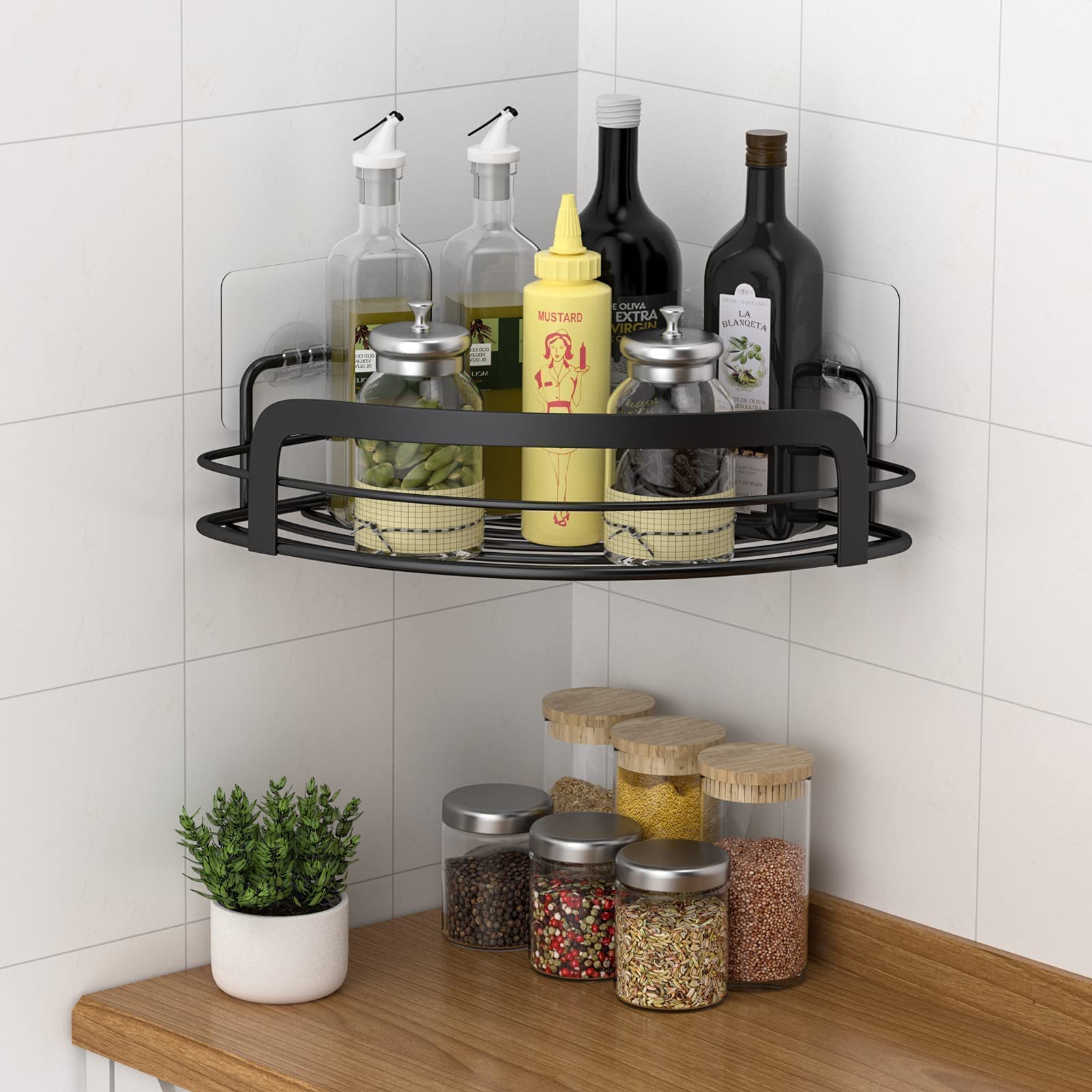 Steugo Black Bathroom Corner Shower Shelfs, Adhesive Wall Mounted Shower Caddy With 4 Movable Hooks, Rustproof Stainless Steel B