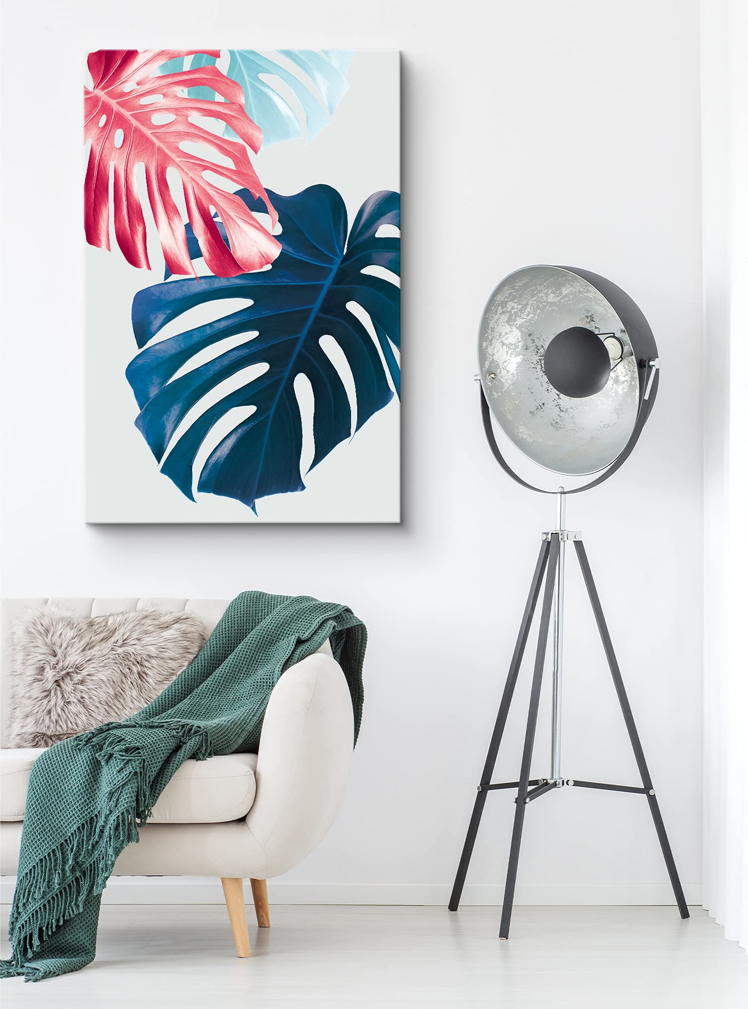 Nwt Canvas Print Wall Art Blue, Red & Teal Monstera Leaf Collage Floral Plants Illustrations Modern Art Tropical Closeup Colorfu