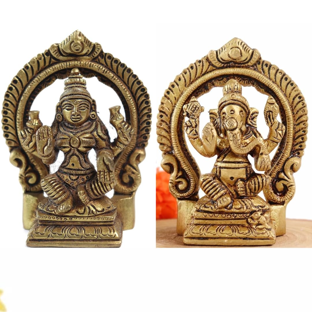 The Spiritual Living Pure 100% Brass Lakshmi Ganesh Idol | 3.5 Inch | Laxmi Ganesh Murti | Pital | Ganpati And Laxmi For Pooja |