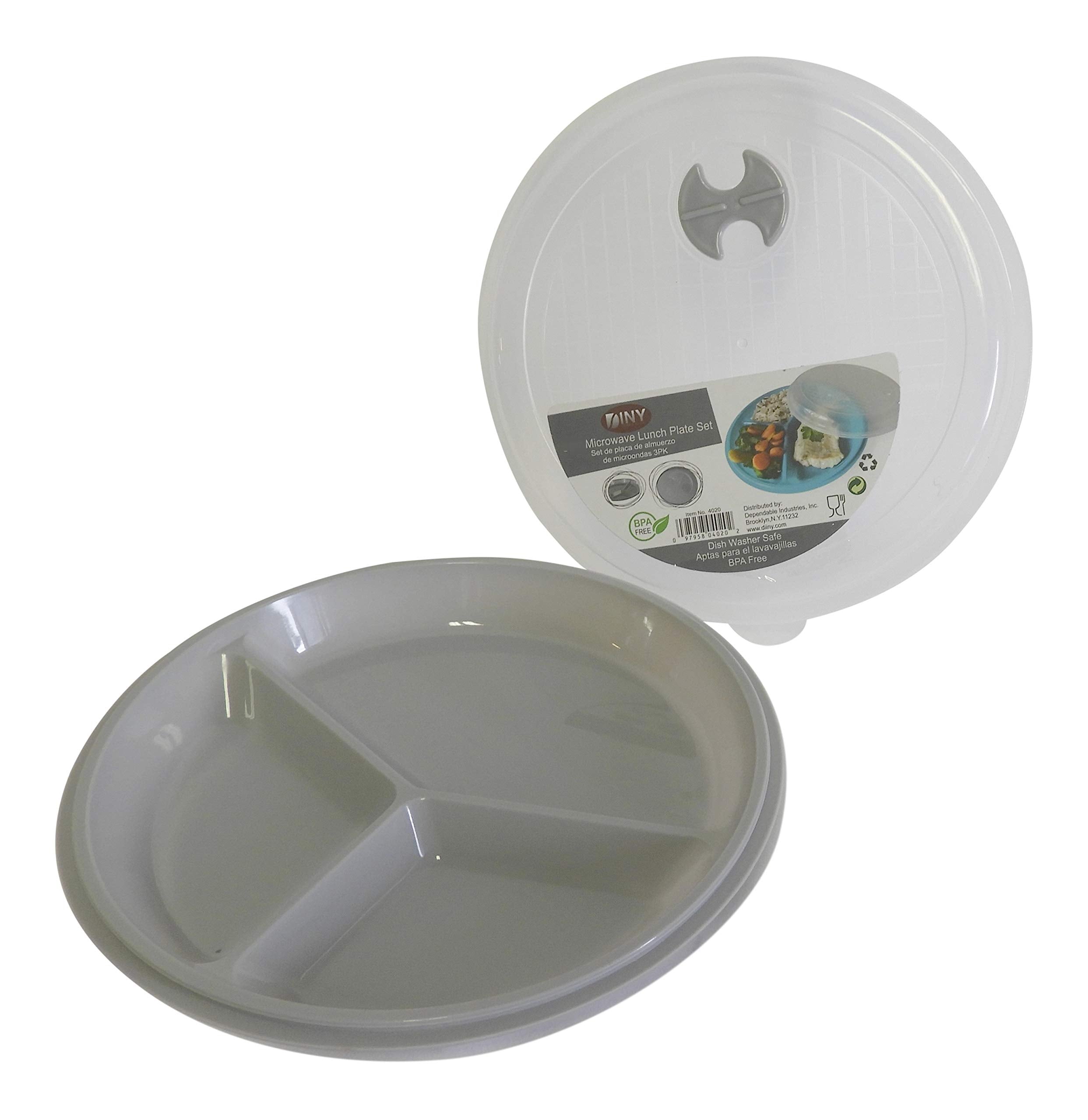 Dependable Industries Inc. Essentials 2-Pack Vented Microwave Lunch Plates With Lids - 3 Section Divided Bpa-Free Plastic Plates