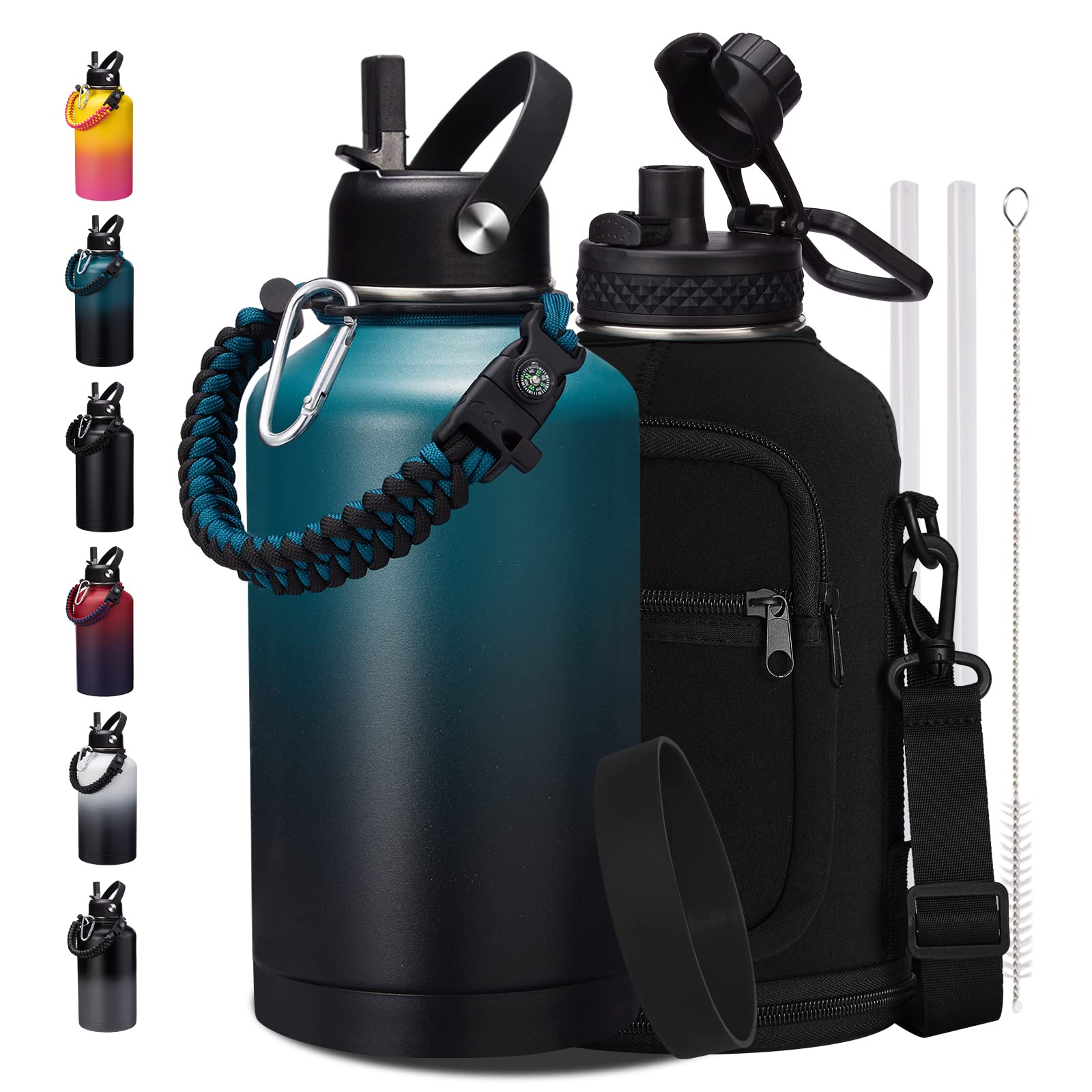 Insulated Water Bottle With Straw - 64Oz Stainless Steel Water Bottles With Paracord Handle, 1/2 Gallon Big Water Jug Vacuum Ins