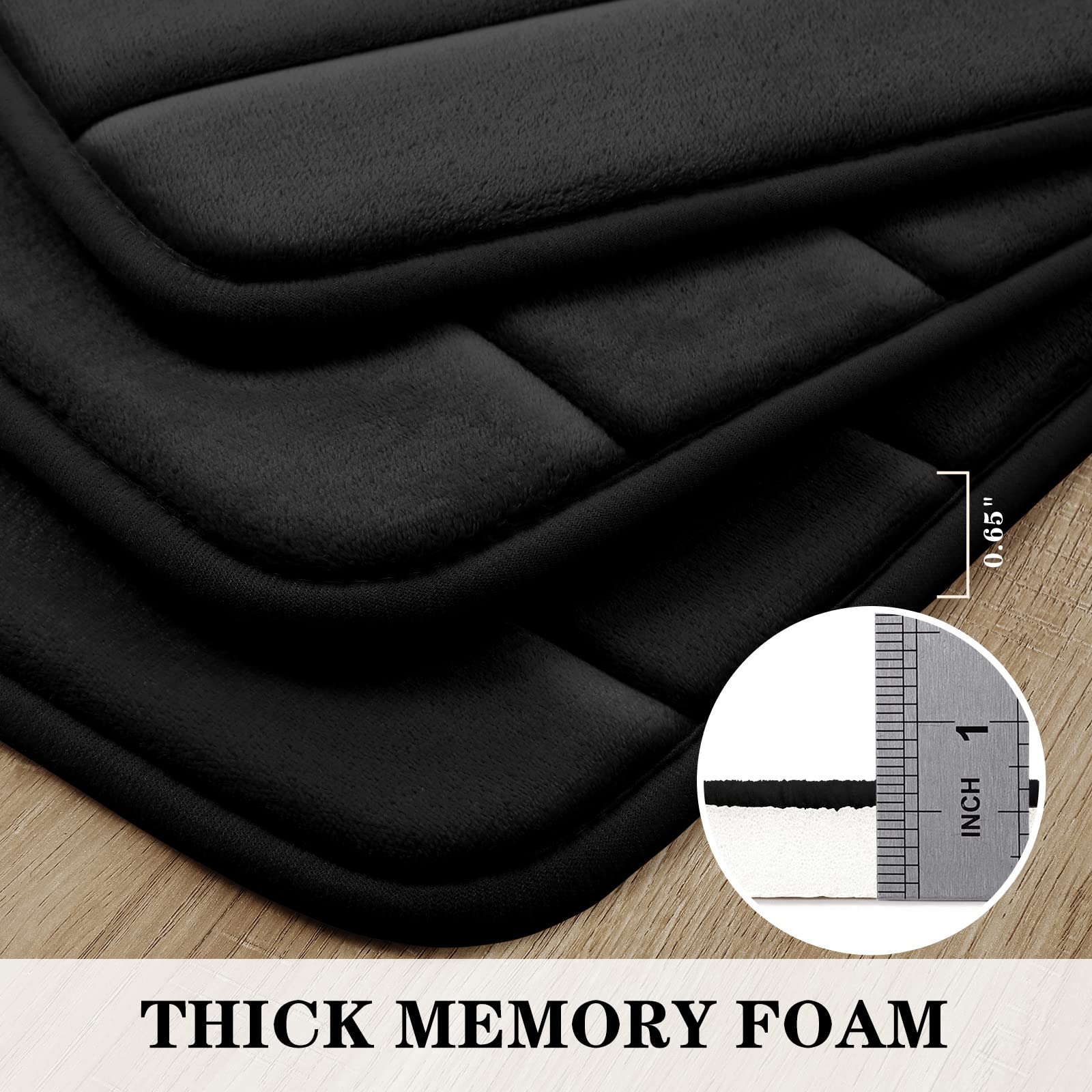 Bysure Bathroom Rugs Sets 2 Piece, Memory Foam Non Slip Extra Soft Absorbent Machine Washable Toilet Bath Mats (Black, 20X32+U-S