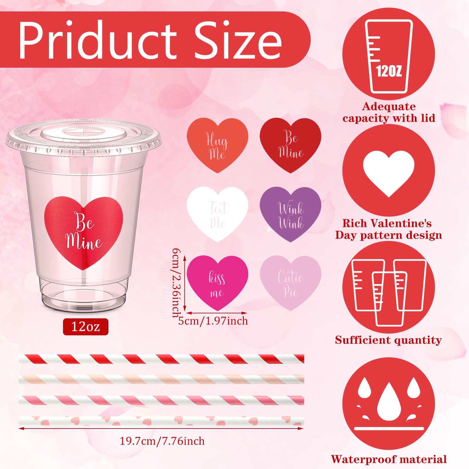 36 Sets Valentines Day Party Cups With Lids And Straws Heart Stickers Plastic Clear 12Oz Valentine'S Day Disposable Cups For Cof
