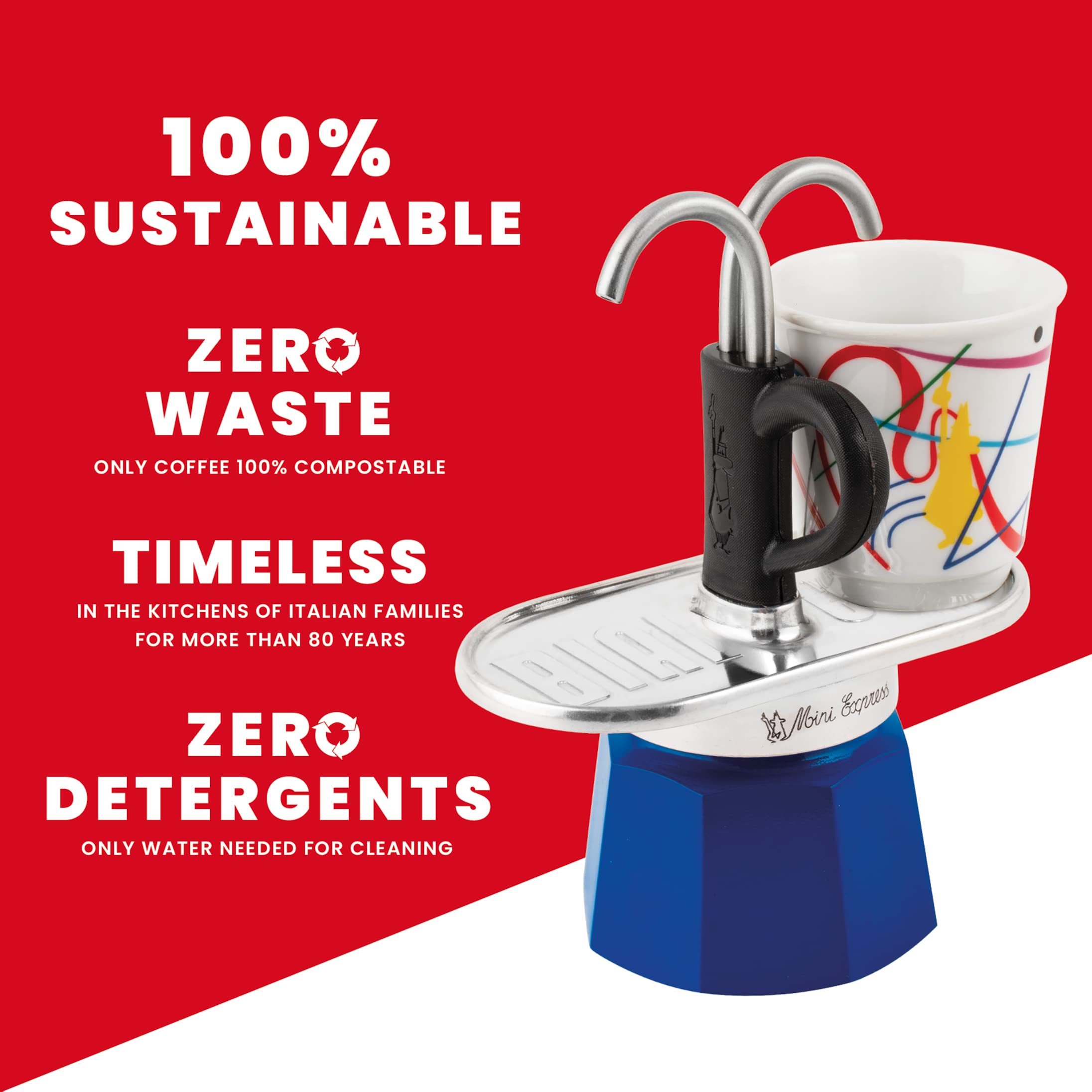 Bialetti - Mini Express Kandinsky: Moka Set Includes Coffee Maker 2-Cups (2.8 Oz) + 2 Shot Glasses, Light Blue, Aluminum