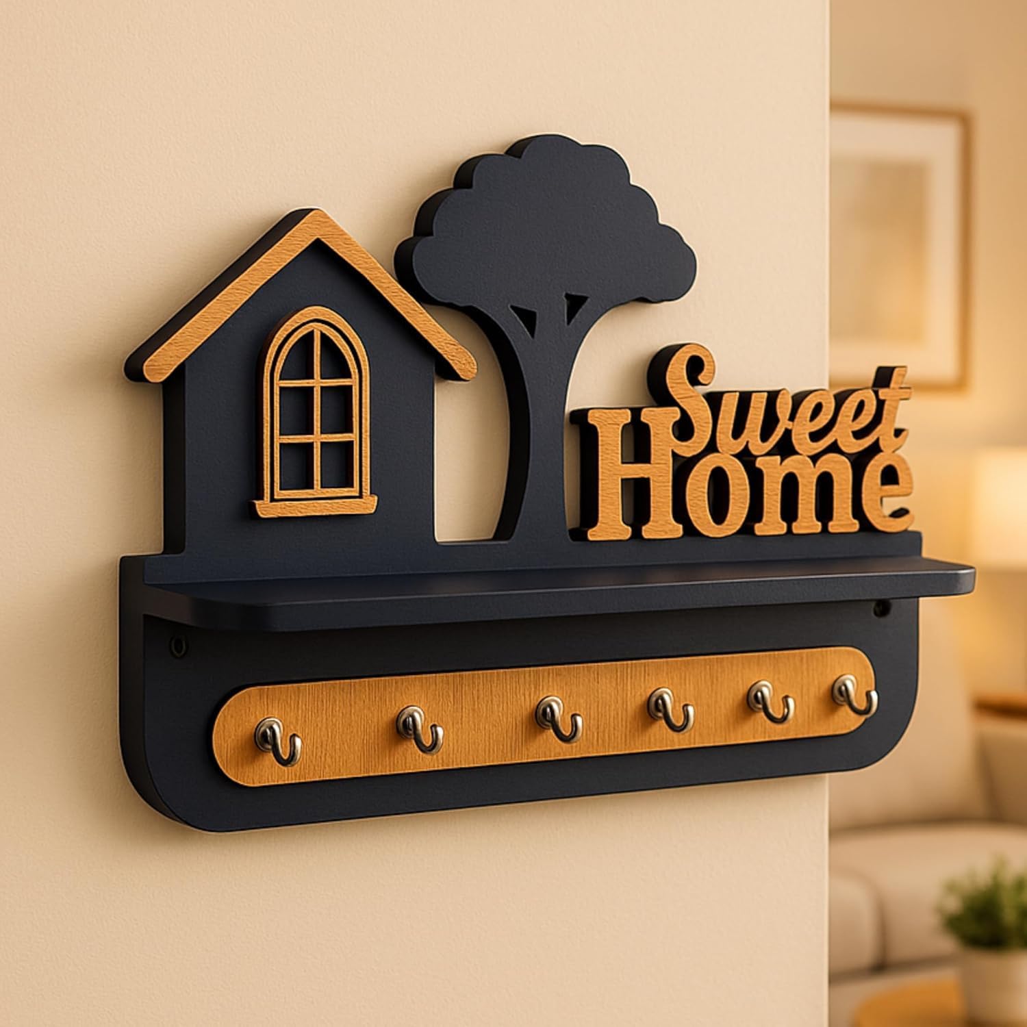 Arthav Sweet Home Wall Mounted Key Holder with Shelf, Black and Yellow, Decorative House Design with Tree, 7 Hooks