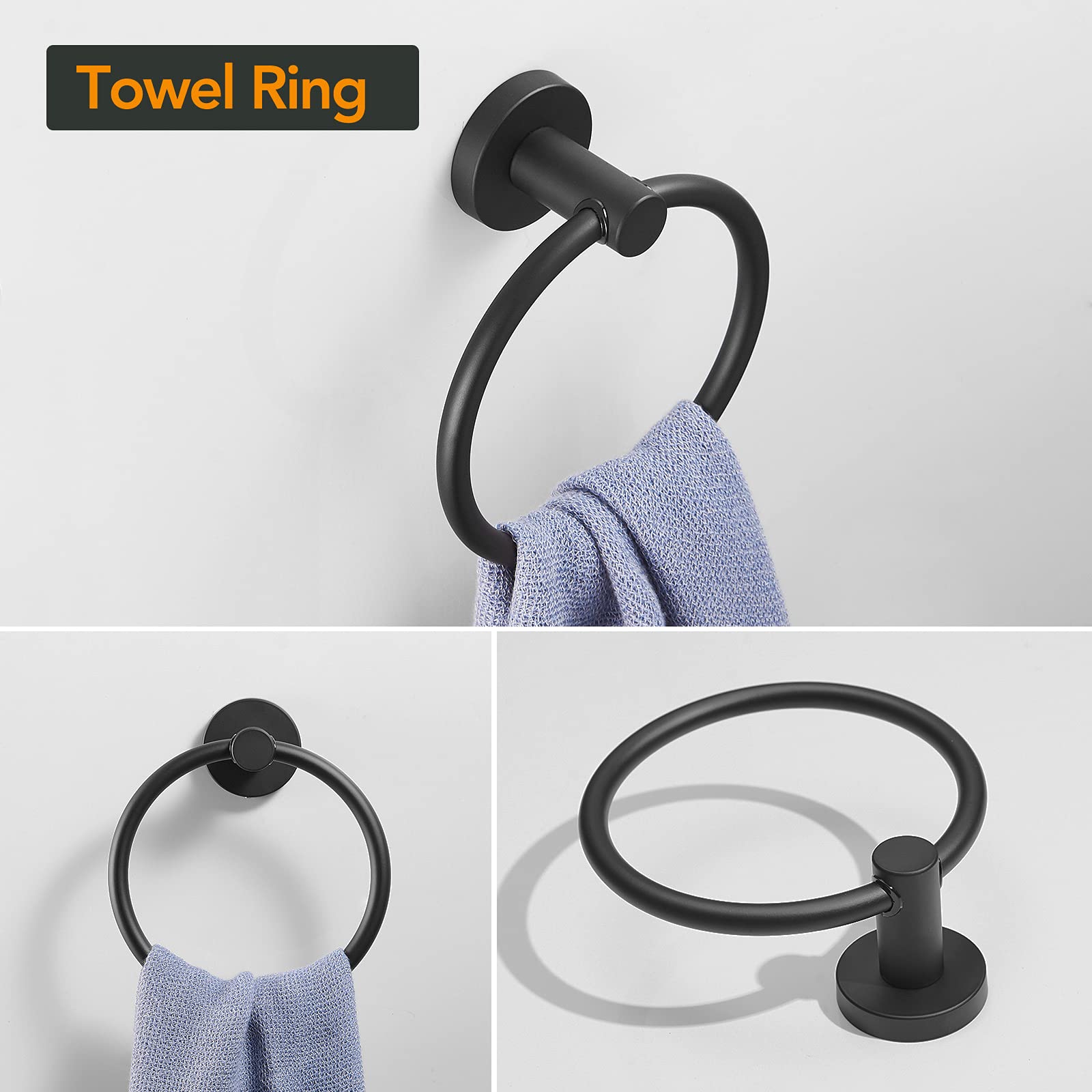 BESy 4 Piece Bathroom Accessories Set (Adjustable 16 to 26 Inch Towel Bar Rod  Towel Ring  Toilet Paper Holder Towel Hook)  Wall Mounted Bath Hardware Fixtures Set Stainless Steel/Matte Black