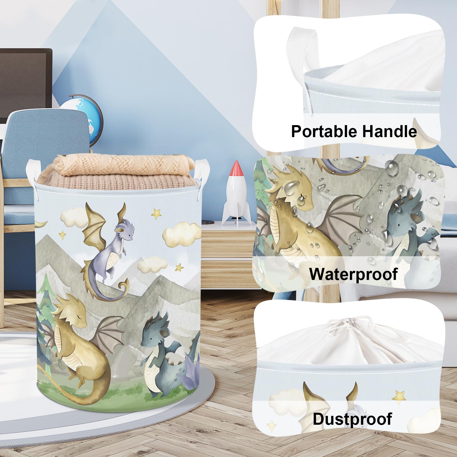 Clastyle 63L Large Dragon Kid Laundry Hamper With Handle For Boy Girl Collapsible Clothes Toy Storage Basket With Lid For Bedroo