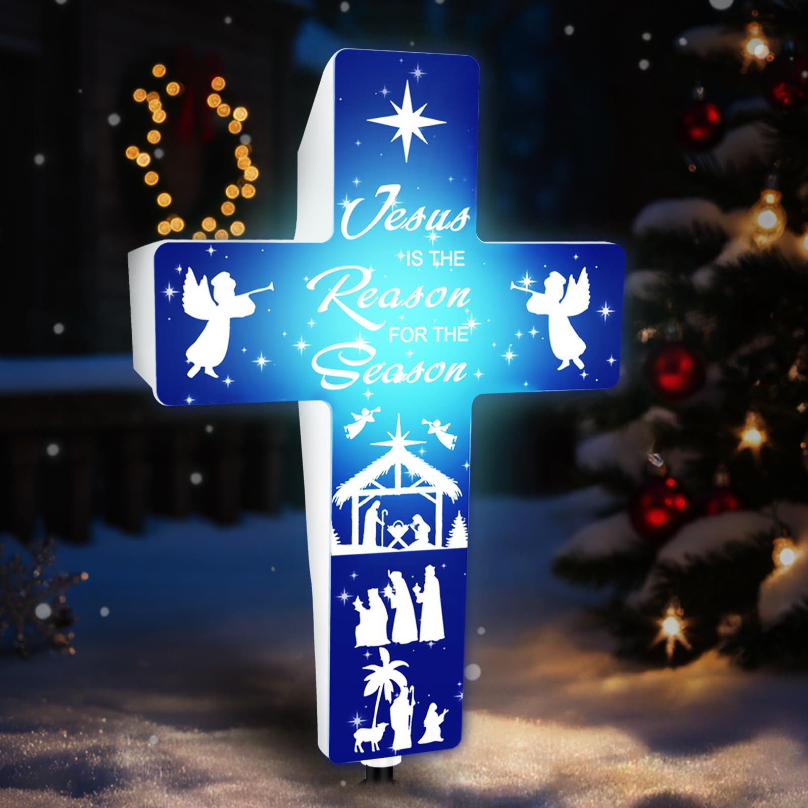 LawnIdyll Jesus is The Reason for The Season Solar Stake, Cross Shaped Nativity Scene Outdoor Decor Holy Night Lighted Religious