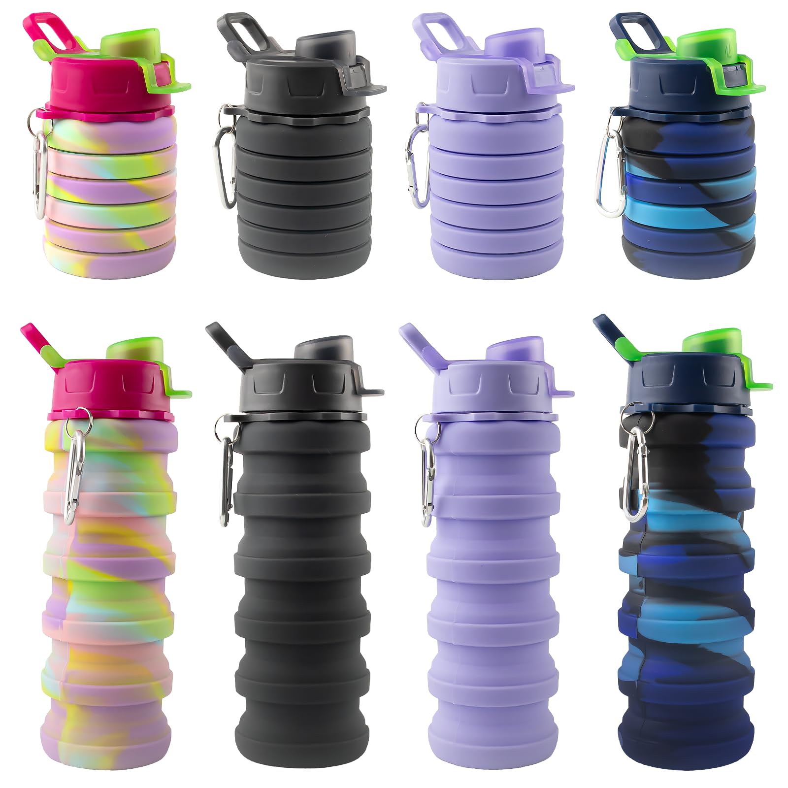 QUYLIXX 4 Pcs Collapsible Water Bottles 16 oz Portable Foldable Water Bottles Silicone Leak Proof Travel Water Bottle Reusable S