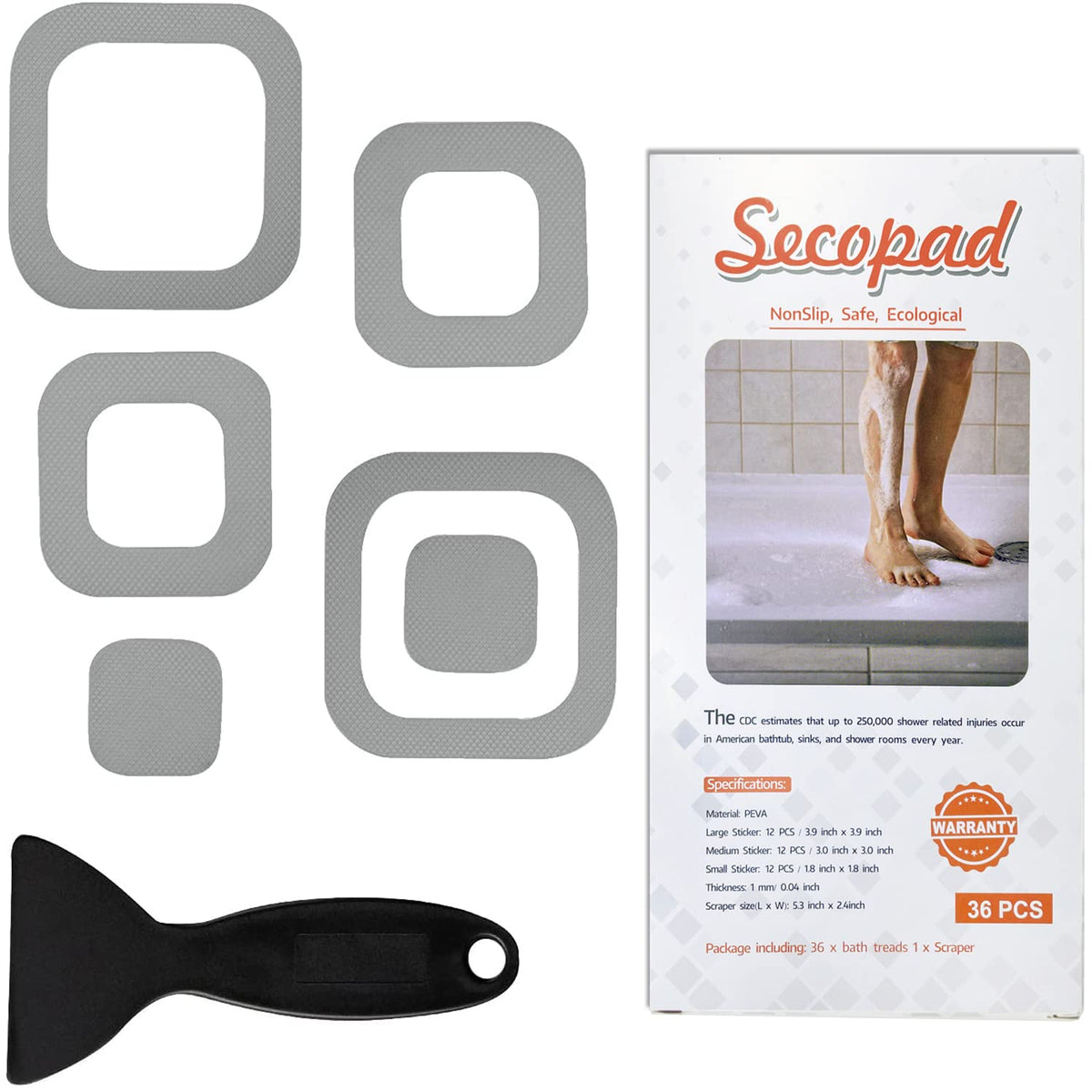 Secopad Non-Slip Bathtub Stickers, 36 Pcs Safety Bathroom Tubs Showers Treads Adhesive Decals Scraper (Grey)