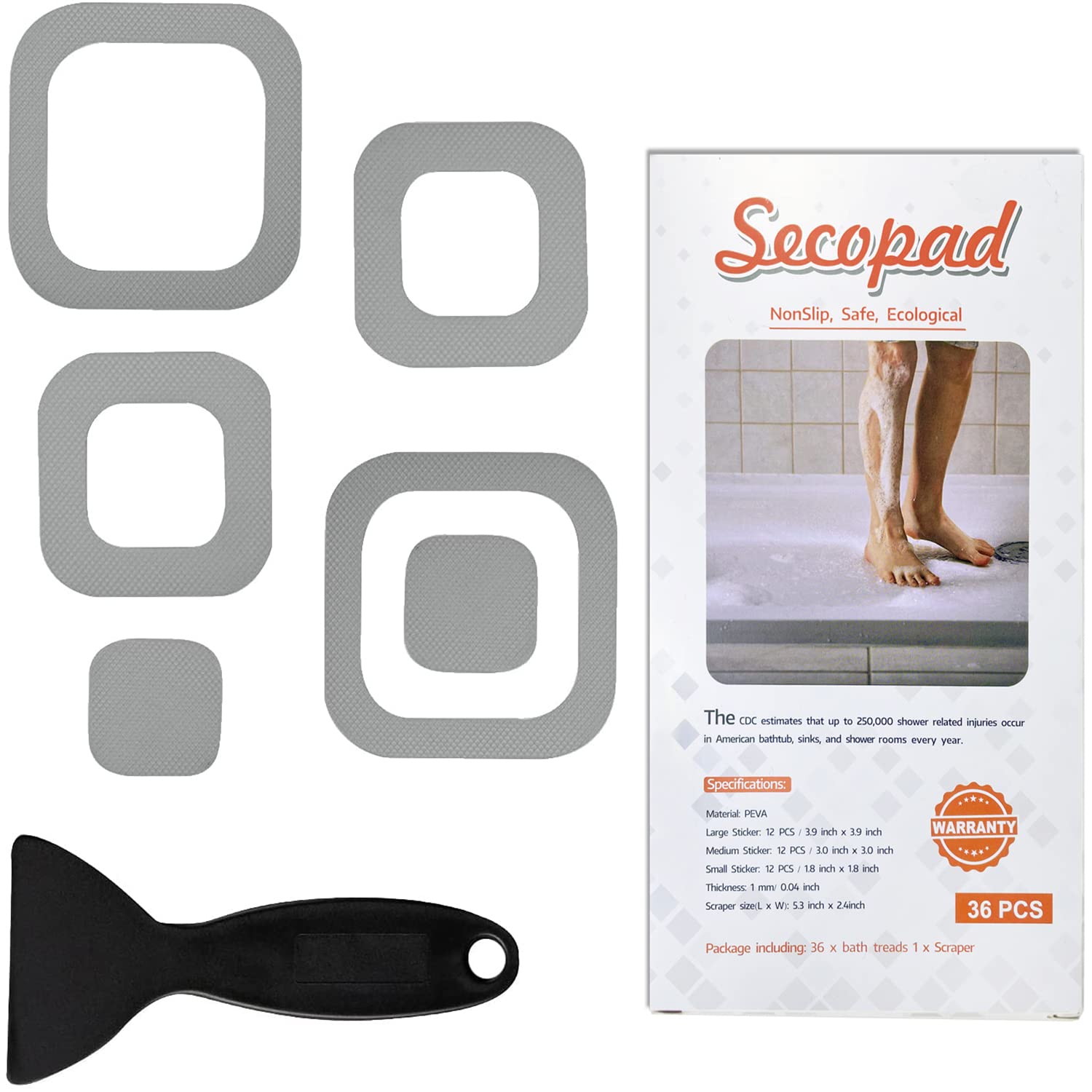 Secopad Non-Slip Bathtub Stickers, 72 Pcs Safety Bathroom Tubs Showers Treads Adhesive Decals Scraper (Grey)