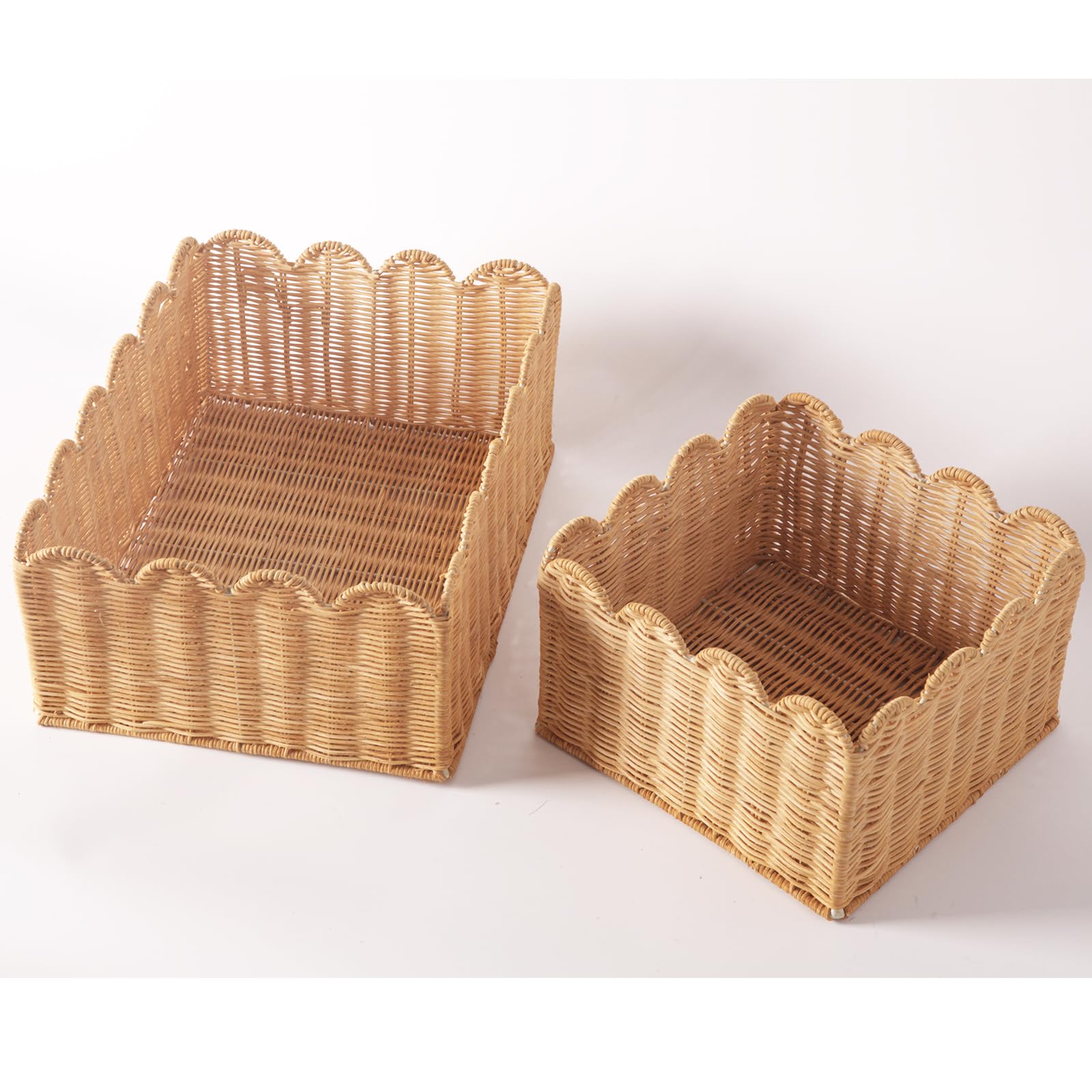 Scalloped Edge Basket, Wicker Storage Baskets, Hand Woven Baskets For Shelves,Natural Baskets For Organizing (S+M-Rattan)
