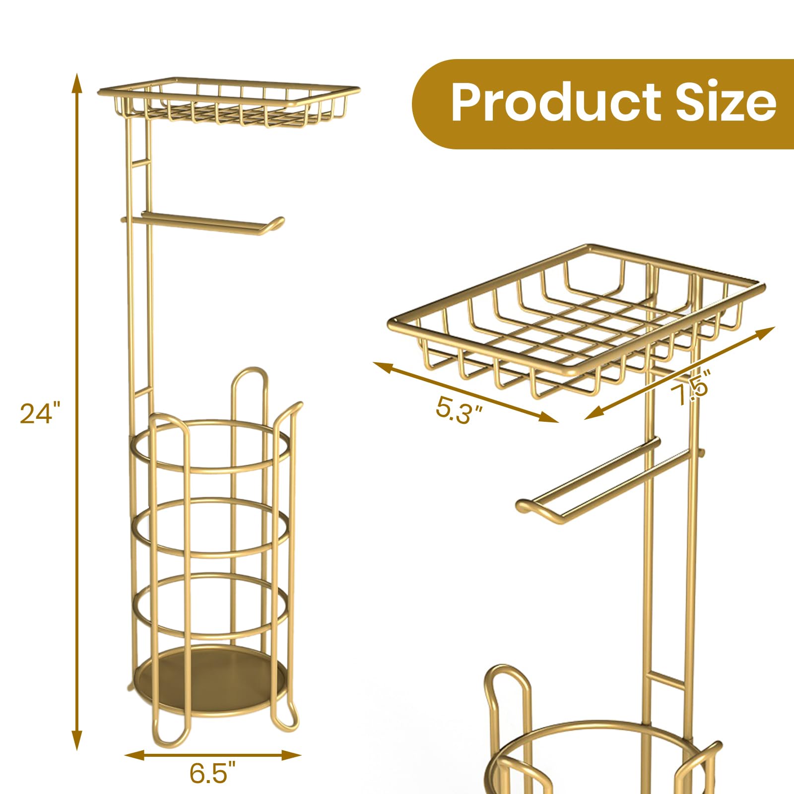 Gold Toilet Paper Holder Stand With Shelf, Freestanding Tissue Roll Holder, Holds 4 Mega Rolls And Extra Storage For Phone, Wipe