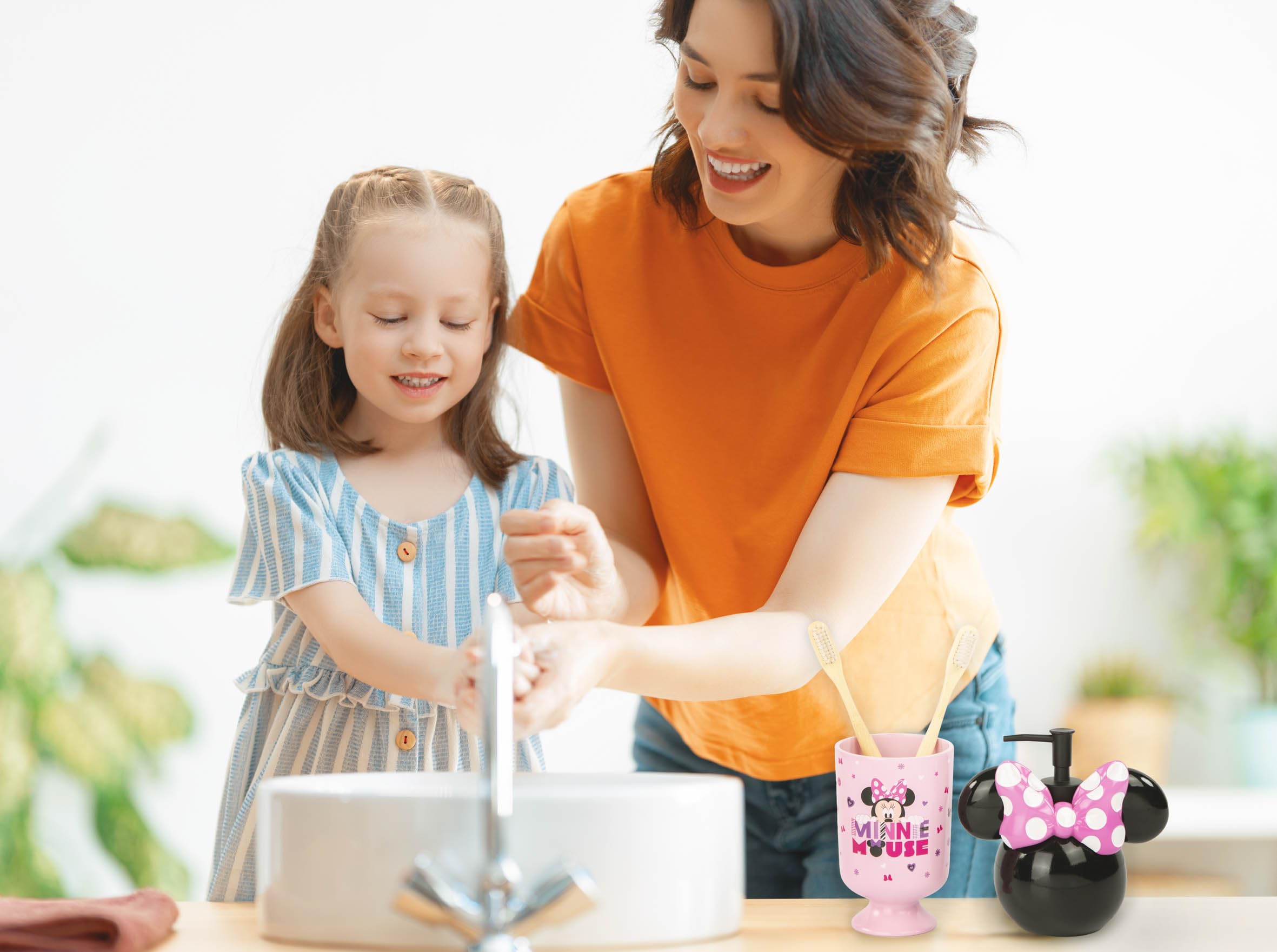Jay Franco Disney Minnie Mouse 2 Piece Bathroom Set - Pink & Black Soap Dispenser & Tumbler Set - Kids Resin Bathroom Accessories