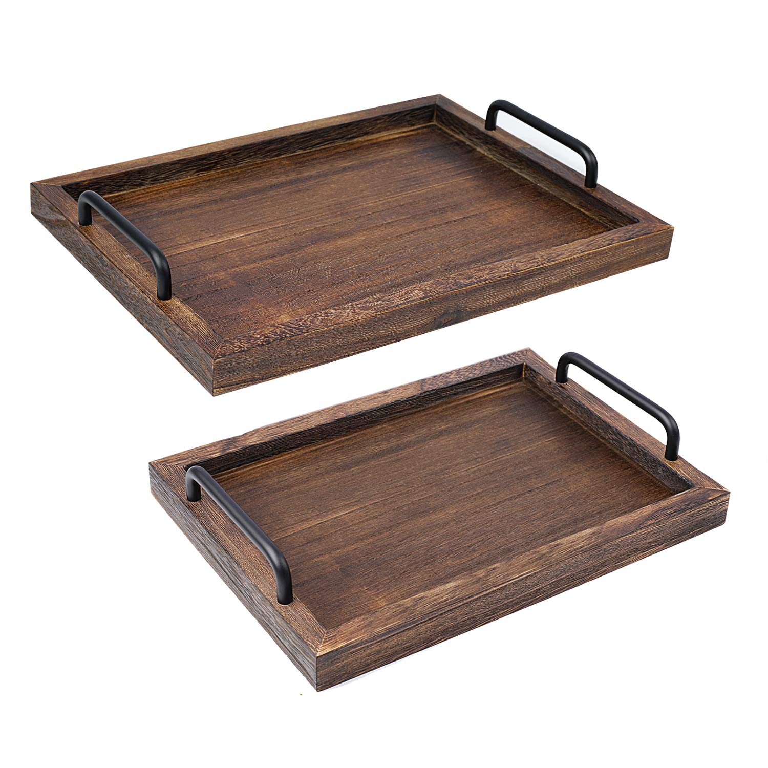 Libwys Rustic Wooden Serving Trays With Handle-Set Of 2-Decorative Nesting Food Board Platters For Breakfast, Coffee Table/Butle