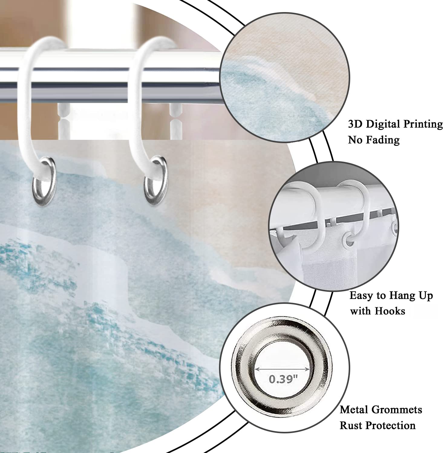 Gcirec Beach Shower Curtain, Teal Blue Coastal Ocean Beach Theme Bathroom Curtain Waterproof Fabric Machine Washable With Hooks,