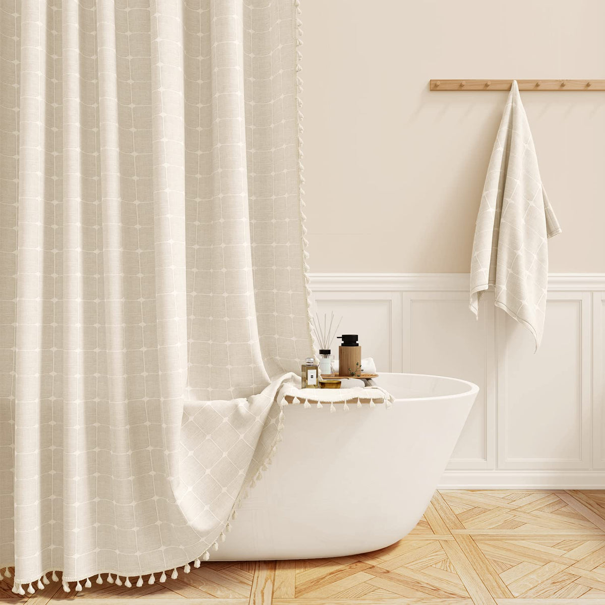 Bttn 78 Inch Long Shower Curtain - Boho Farmhouse Linen Ultra Thick Fabric Shower Curtain Set With Plastic Hooks, Tall Rustic Mo