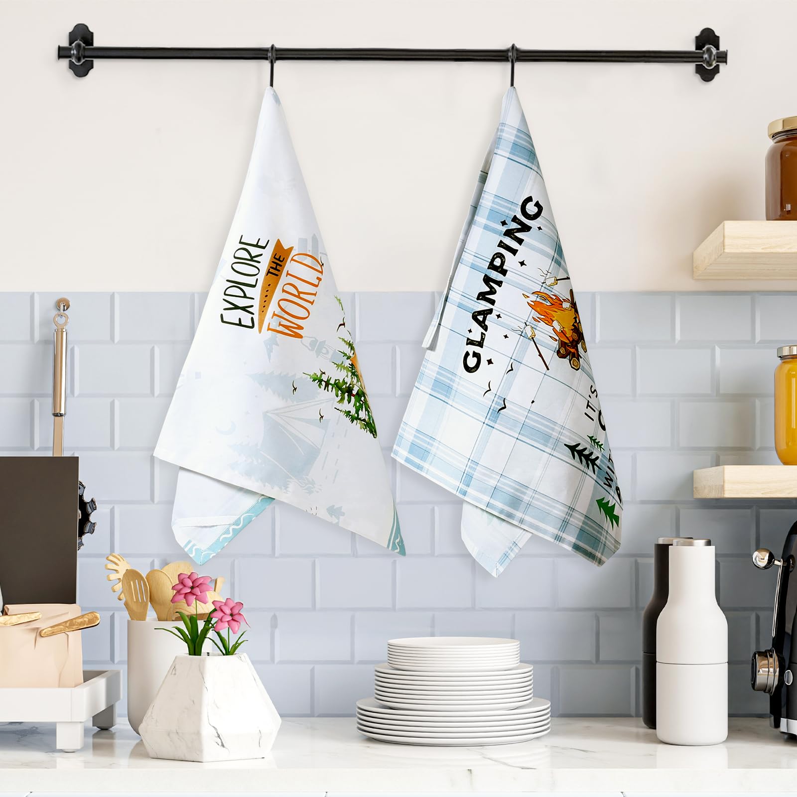 Arquiel Camping Tea Towels, Cotton Kitchen Towel 18.9    27.5 Inch, Quick Drying Dish Cloth For Party Anniversary Holiday Decora