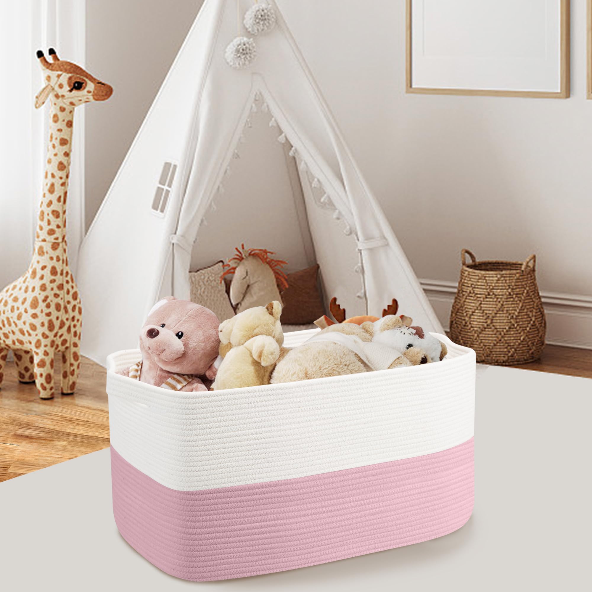 Megasket Xxxl Pink Storage Basket, 23.6'' X 15.7'' X 14.1'' Rectangle Cotton Rope Basket, Extra Large Blanket Basket, Kids Toy B