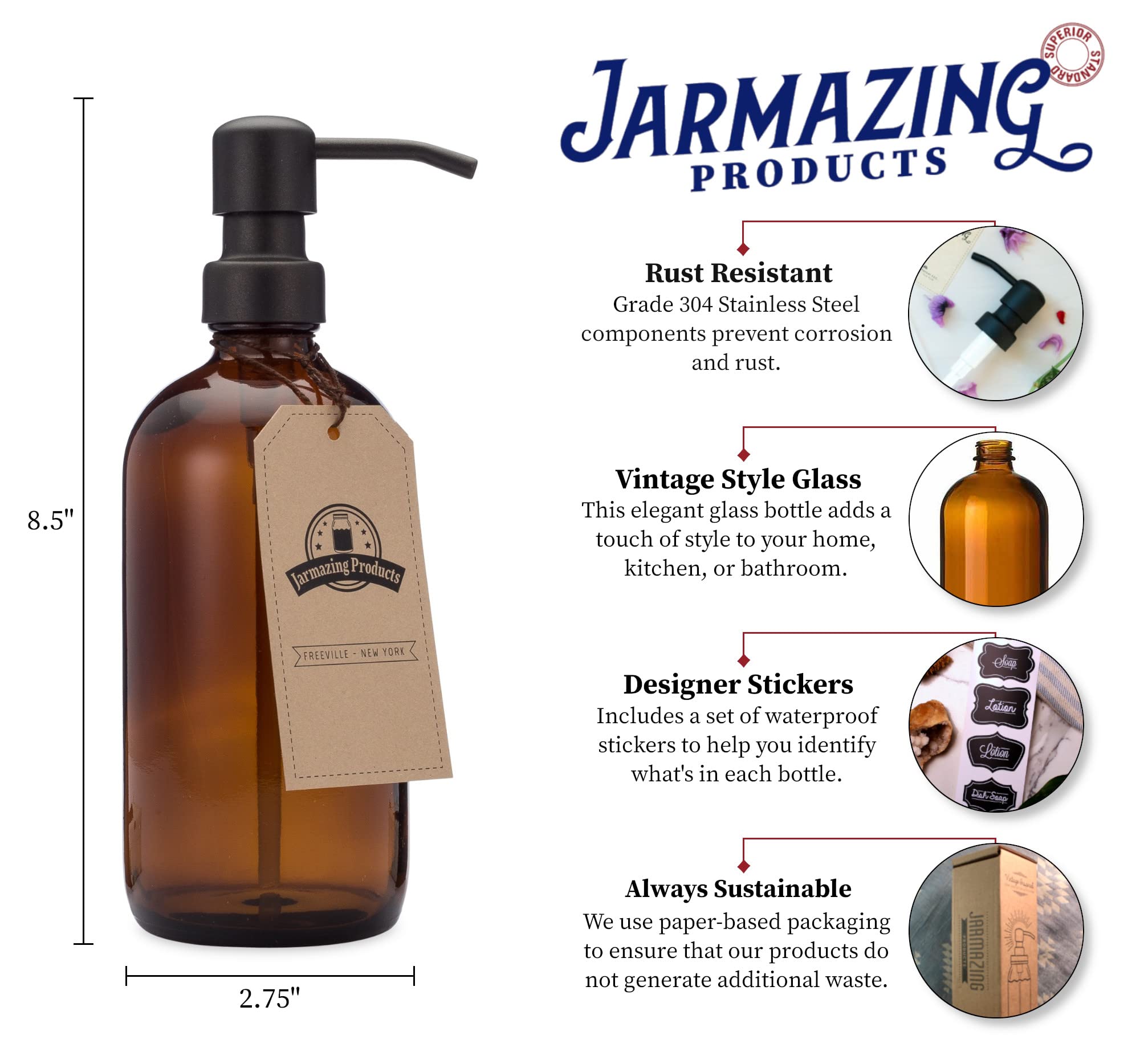 Jarmazing Products Amber Glass Jar Soap And Lotion Dispenser - 2 Pack - With Matte Black Pump - 16 Oz